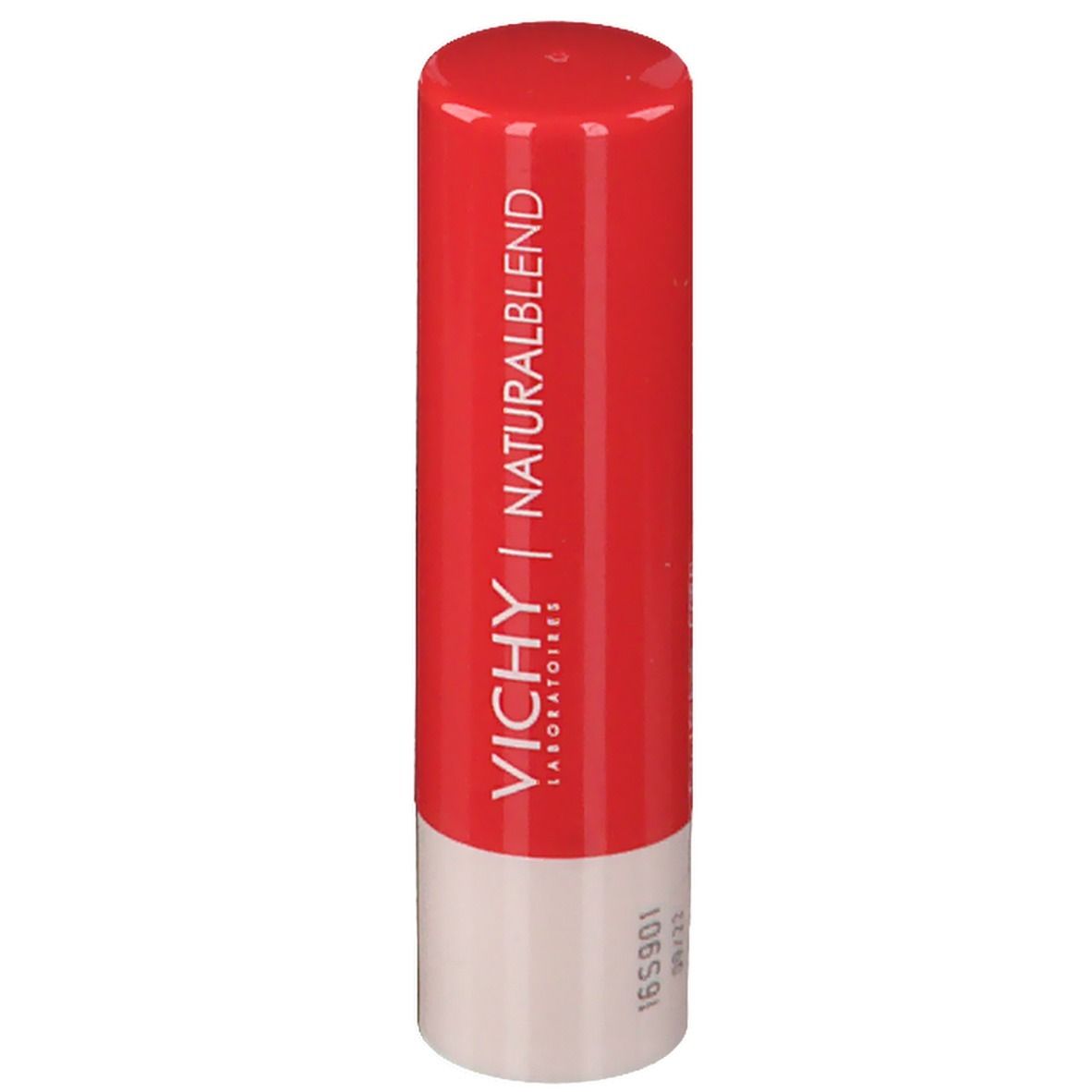 Baume à lèvres rouge et blanc. Logo VICHY NATURALBLEND. Debout.