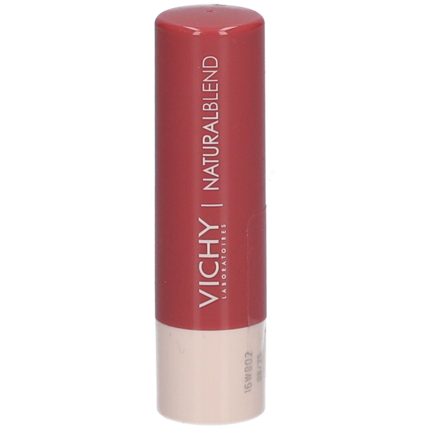 Lippenbalsam-Stift, nude. Marke VICHY NATURALBLEND. Aufdrucke: 16W802, 08/25. Auf weißem Hintergrund.