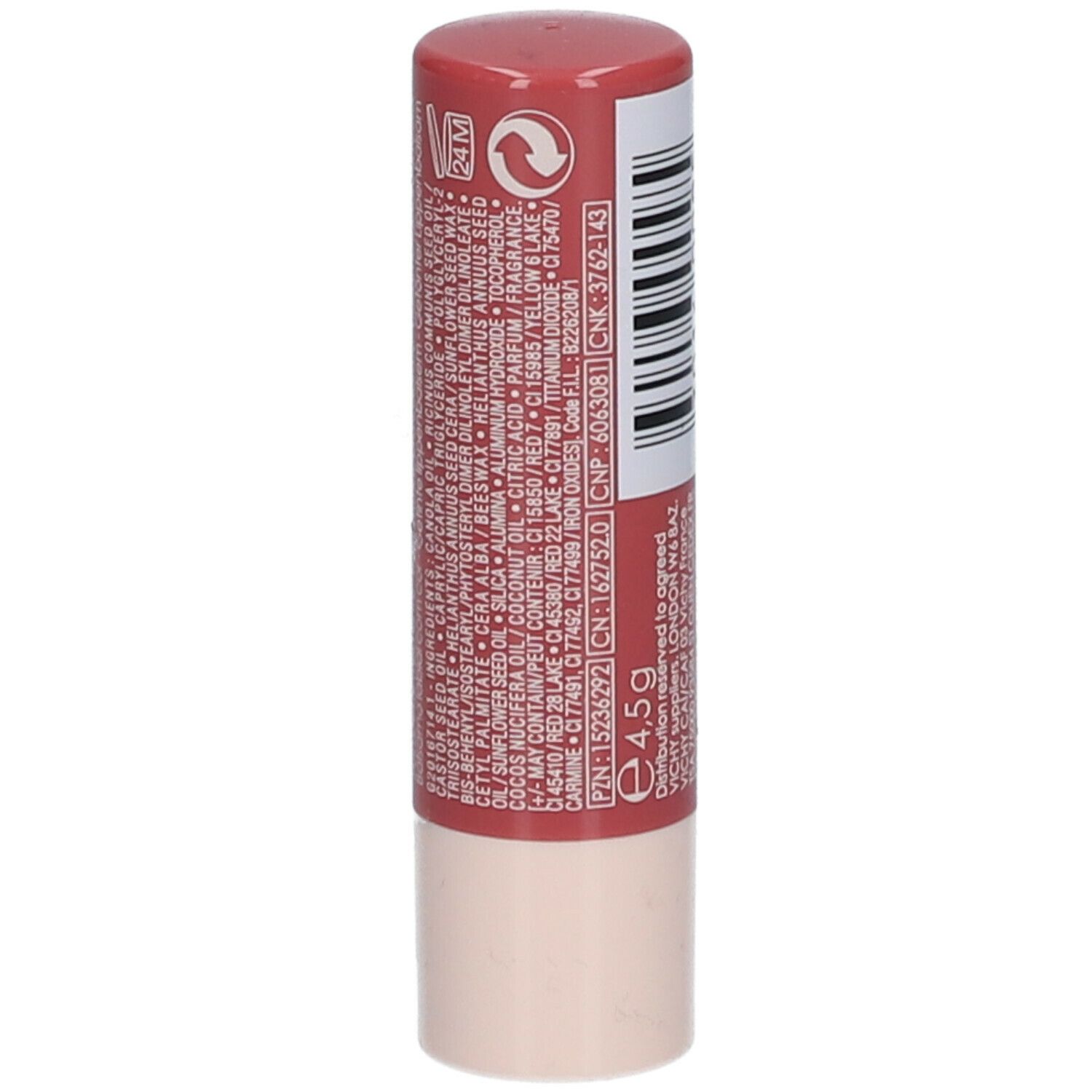 Lippenbalsam-Stift, nude. Rückseite. Marke VICHY NATURALBLEND. Inhaltsstoffe und Informationen.