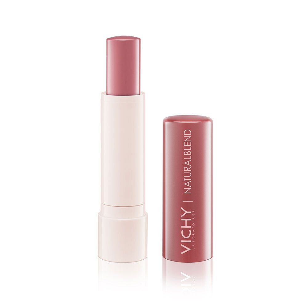 Lippenbalsam-Stift, nude. Deckel und Stift getrennt. Marke VICHY NATURALBLEND. Weißer Stift, roter Deckel.
