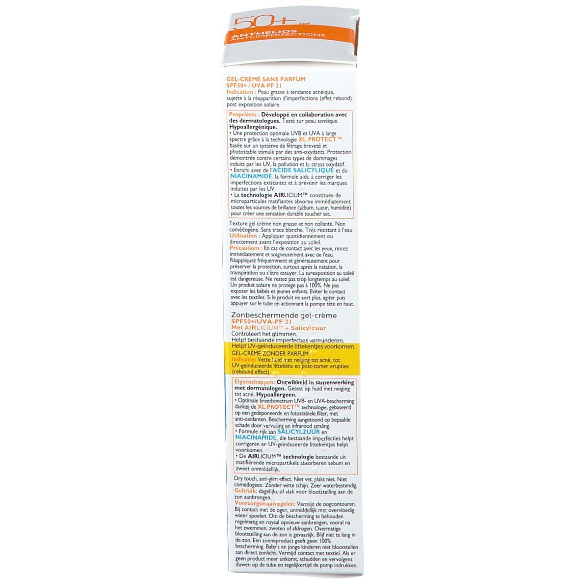 Emballage carton. Texte multilingue. Informations sur le produit et ingrédients.