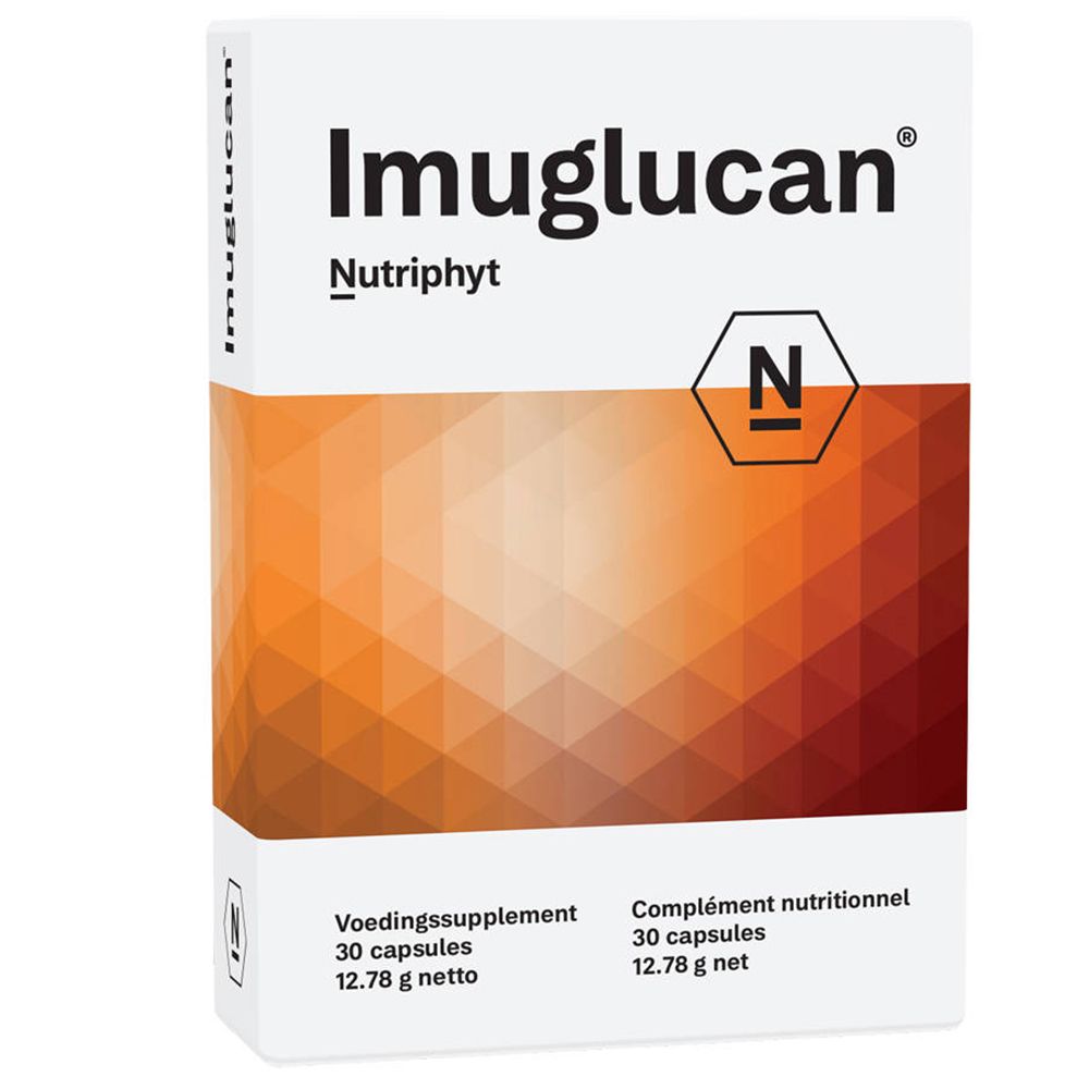 Boîte Imuglucan Nutriphyt. Face avant avec logo, nom du produit et informations. Fond avec motif géométrique.
