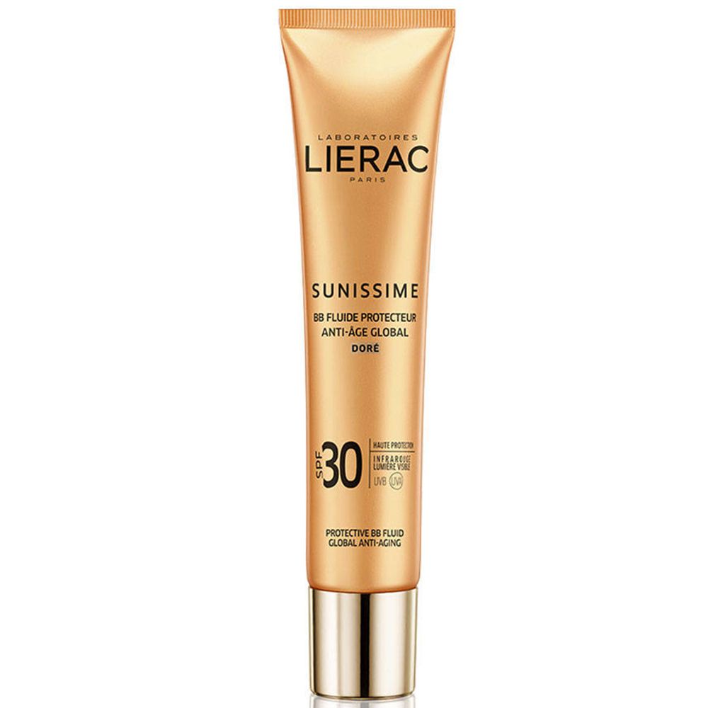 Tube dorée avec texte produit. Marque LIERAC, nom SUNISSIME, SPF 30. Fluide anti-âge.
