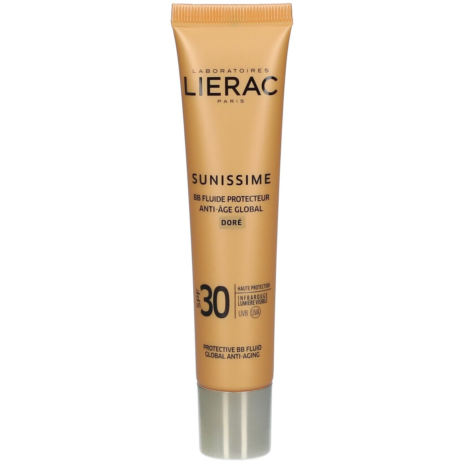 Tube dorée avec texte produit. Marque LIERAC, nom SUNISSIME, SPF 30. Fluide anti-âge.