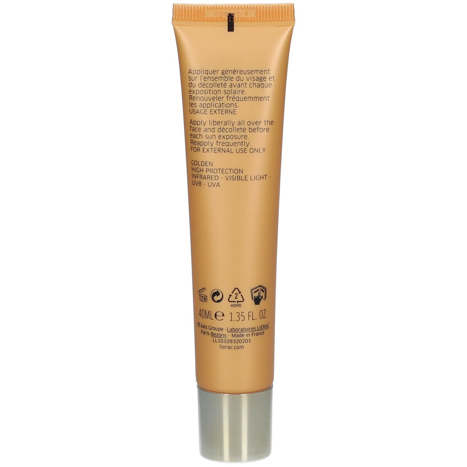Dos du tube. Texte multilingue. Nom du produit SUNISSIME. Volume 40ml.