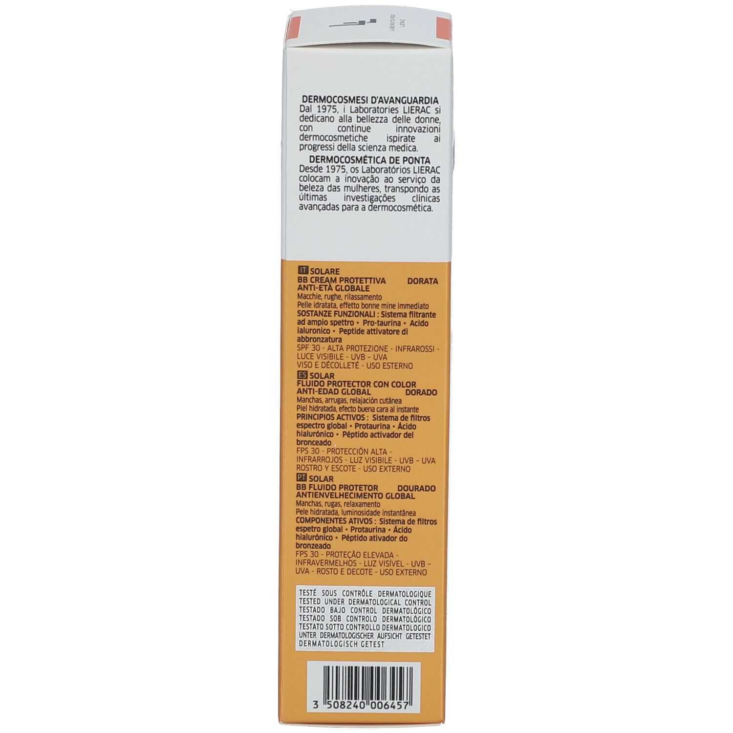 Emballage produit. Texte multilingue. Nom du produit SUNISSIME. Ingrédients.