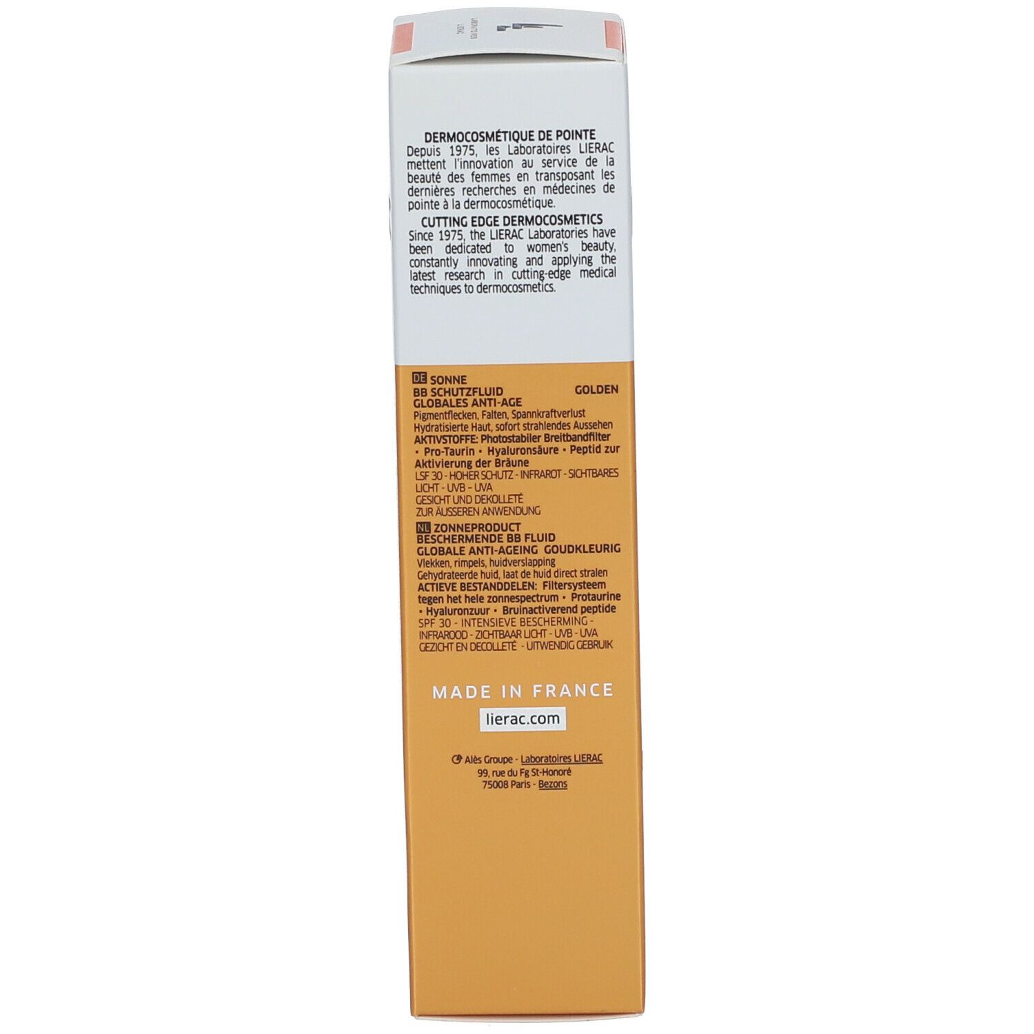 Emballage produit. Texte multilingue. Nom du produit SUNISSIME. Ingrédients.