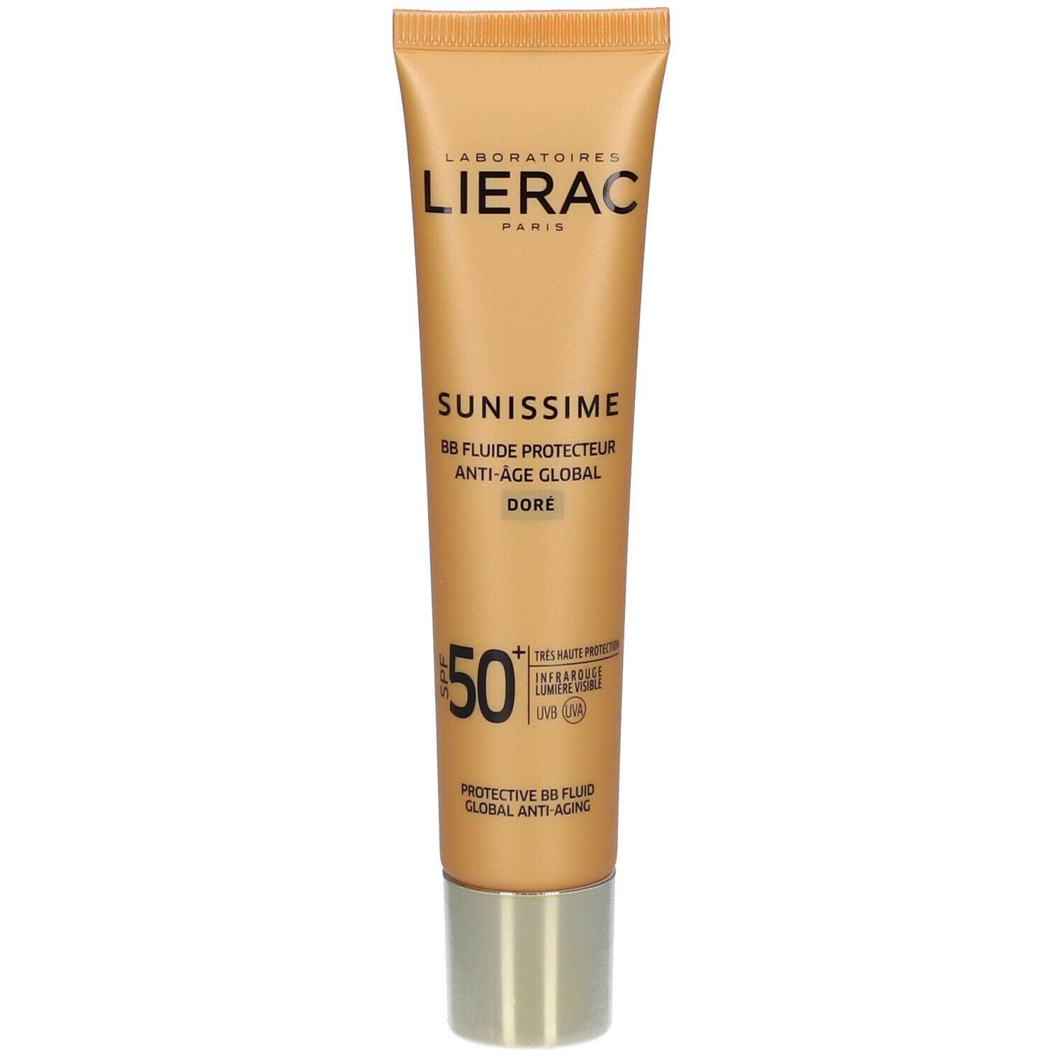 Tube doré de crème solaire. Marque Lierac, nom du produit Sunissime, SPF 50. Inscription: BB Fluide Protecteur Anti-Âge Global, Doré.