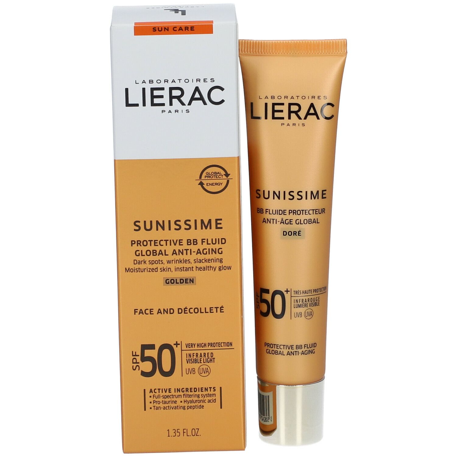 Tube et emballage de crème solaire. Marque Lierac, nom du produit Sunissime, SPF 50. Inscription: BB Fluide Protecteur Anti-Âge Global, Doré.