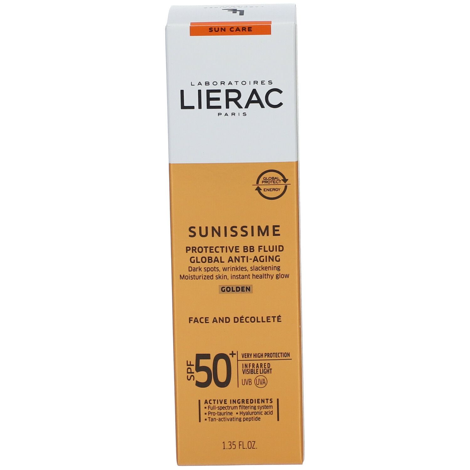 Emballage de crème solaire. Marque Lierac, nom du produit Sunissime, SPF 50. Inscription: BB Fluide Protecteur Anti-Âge Global, Doré. Visage & Décolleté.