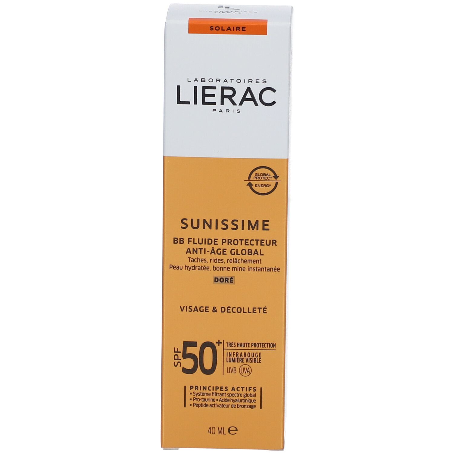 Emballage de crème solaire. Marque Lierac, nom du produit Sunissime, SPF 50. Inscription: BB Fluide Protecteur Anti-Âge Global, Doré. 40 ml.