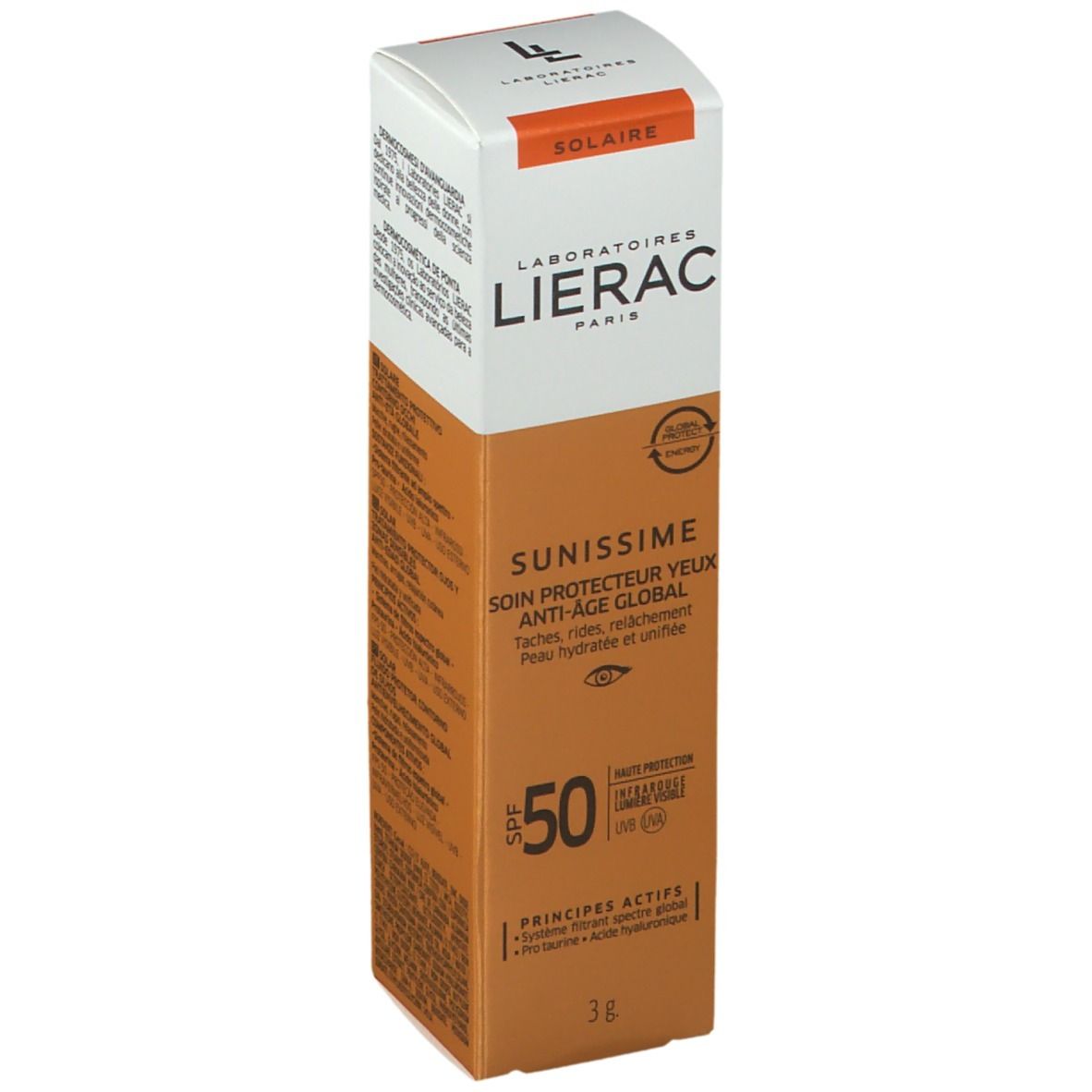 LIERAC SUNISSIME Augenschutzpflege SPF50 Verpackung. Orange-weiße Schachtel mit Produktnamen und SPF50-Kennzeichnung.
