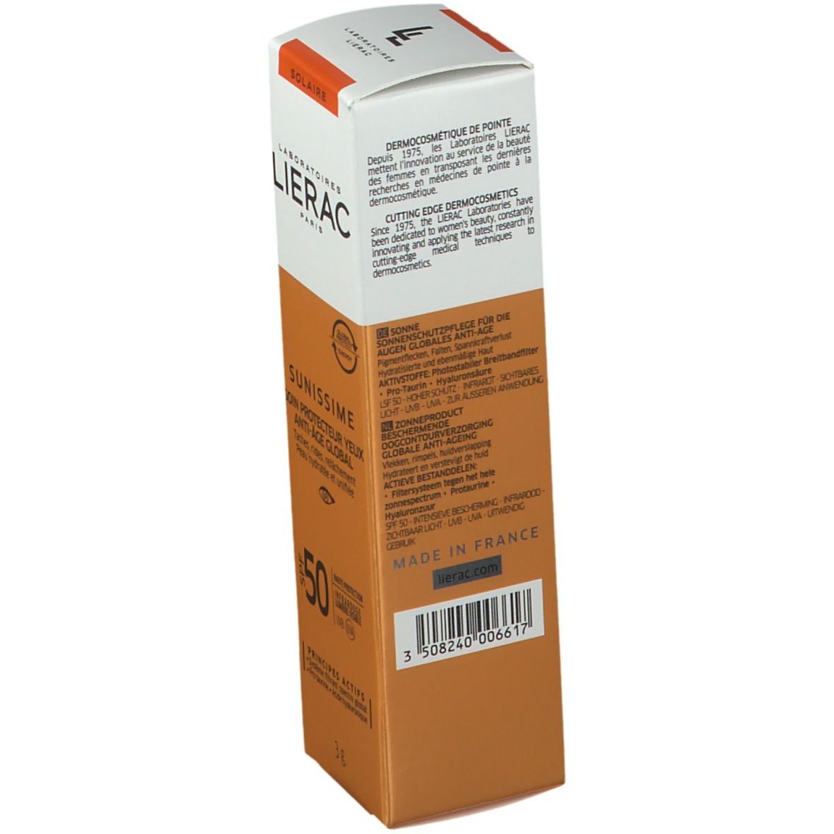 Rückseite der LIERAC SUNISSIME SPF50 Verpackung. Text in verschiedenen Sprachen, Produktinformationen und Barcode.