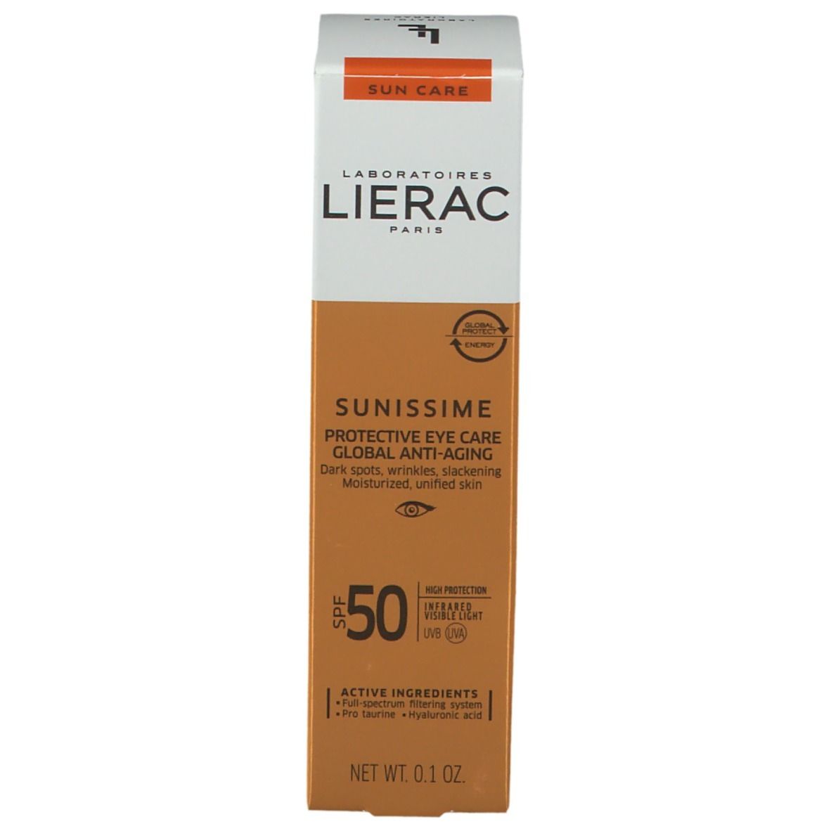 LIERAC SUNISSIME Augenschutzpflege SPF50 Verpackung. Orange-weiße Schachtel mit Produktinformationen und SPF50-Kennzeichnung.