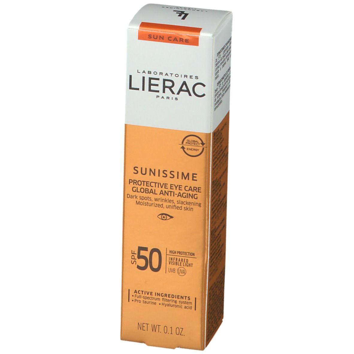 LIERAC SUNISSIME Augenschutzpflege SPF50 Verpackung. Orange-weiße Schachtel mit Produktinformationen und SPF50-Kennzeichnung.