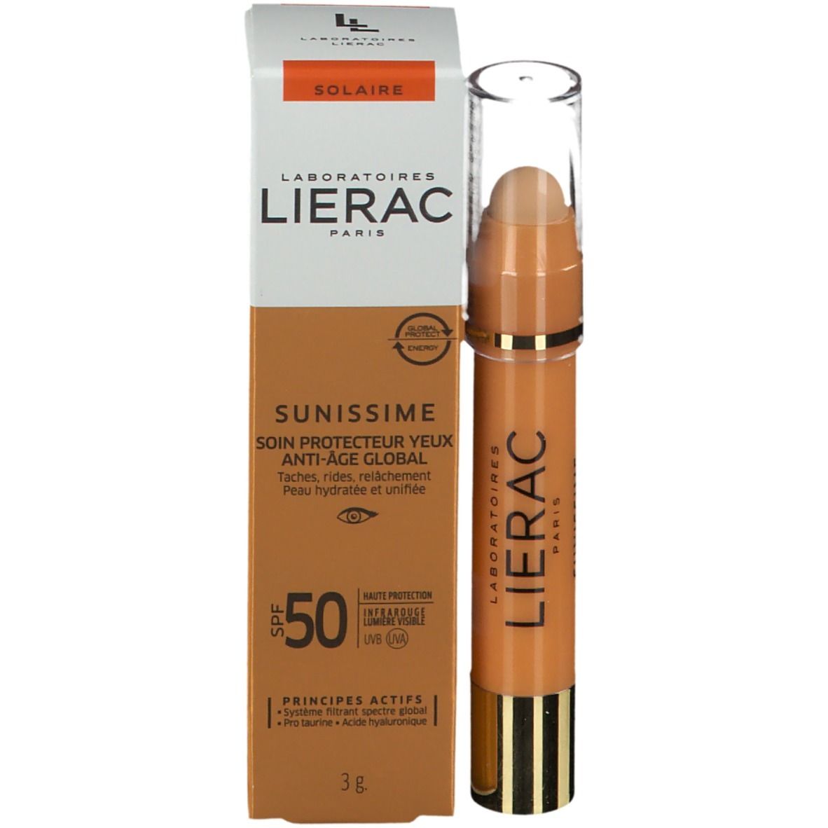 LIERAC SUNISSIME Augenschutzpflege SPF50. Produkt in Stiftform mit transparenter Kappe, in Verpackung.