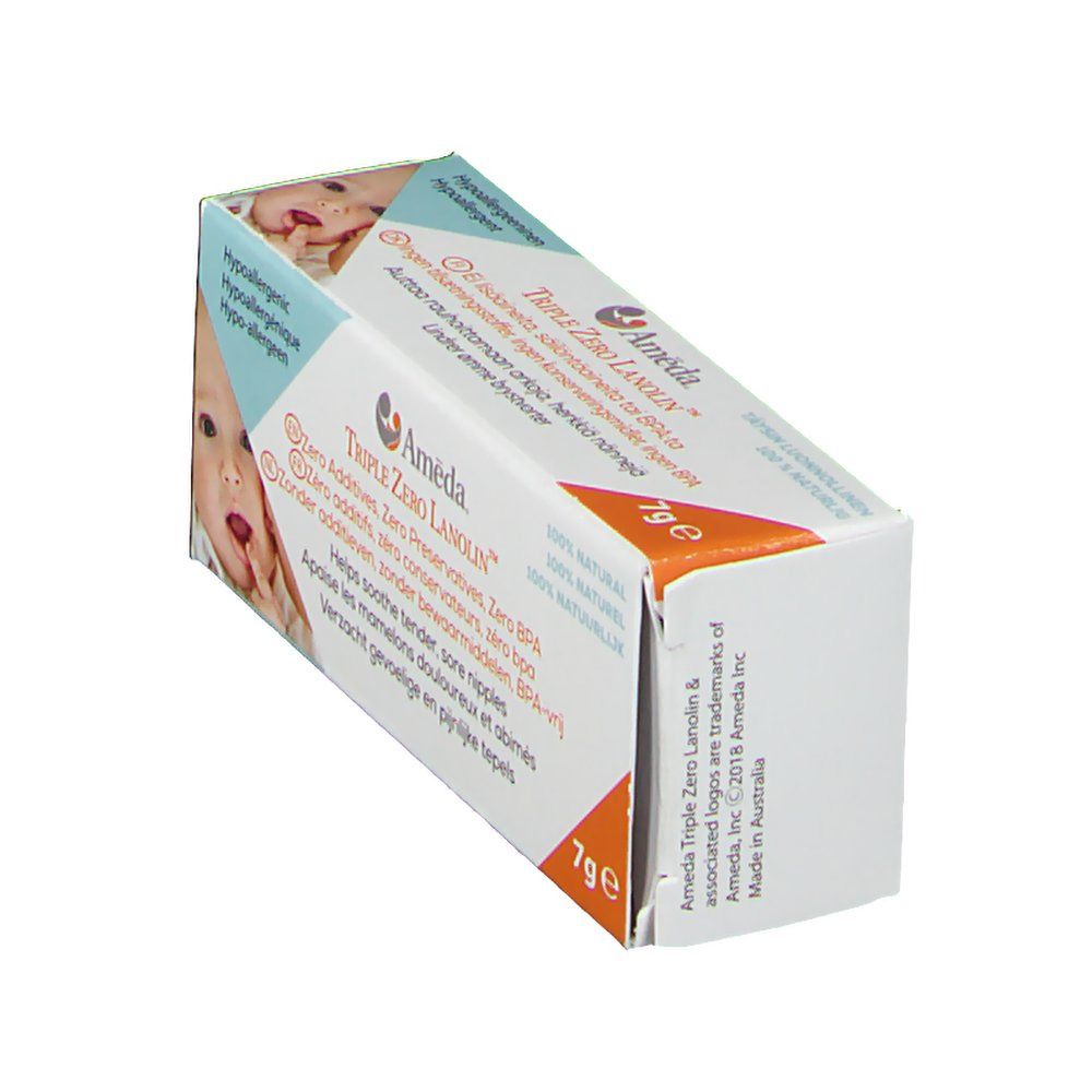 Schuine verpakking van Ameda Triple Zero Lanolin. Opschrift: Zero Additieven, Zero Bewaarmiddelen, BPA-vrij. Inhoud 7g.