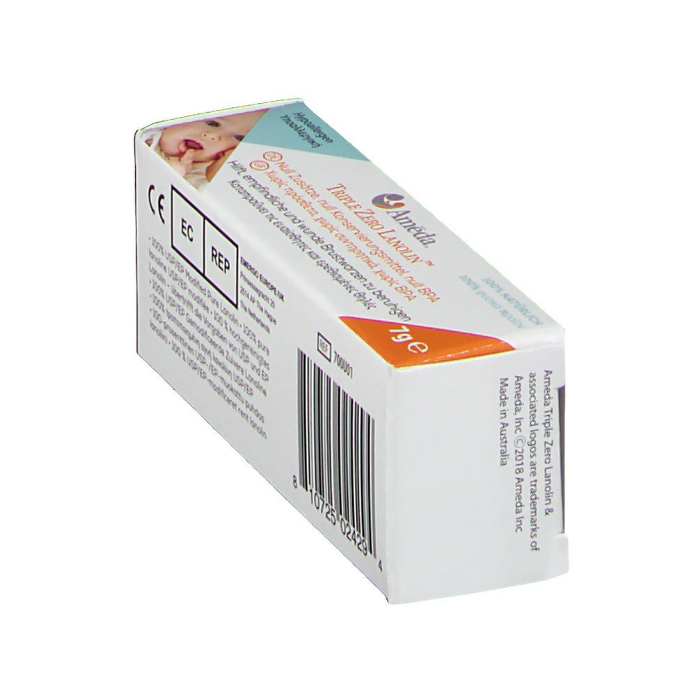 Schuine verpakking van Ameda Triple Zero Lanolin. Achterkant met barcode en informatie. CE-markering.