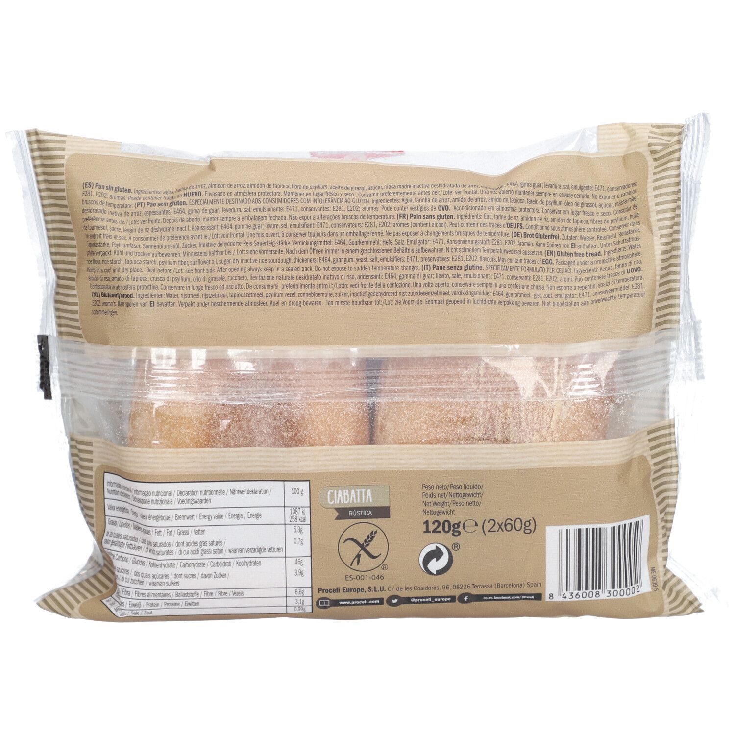 Rückseite Proceli Ciabatta Rustica, glutenfrei, Nährwertangaben.