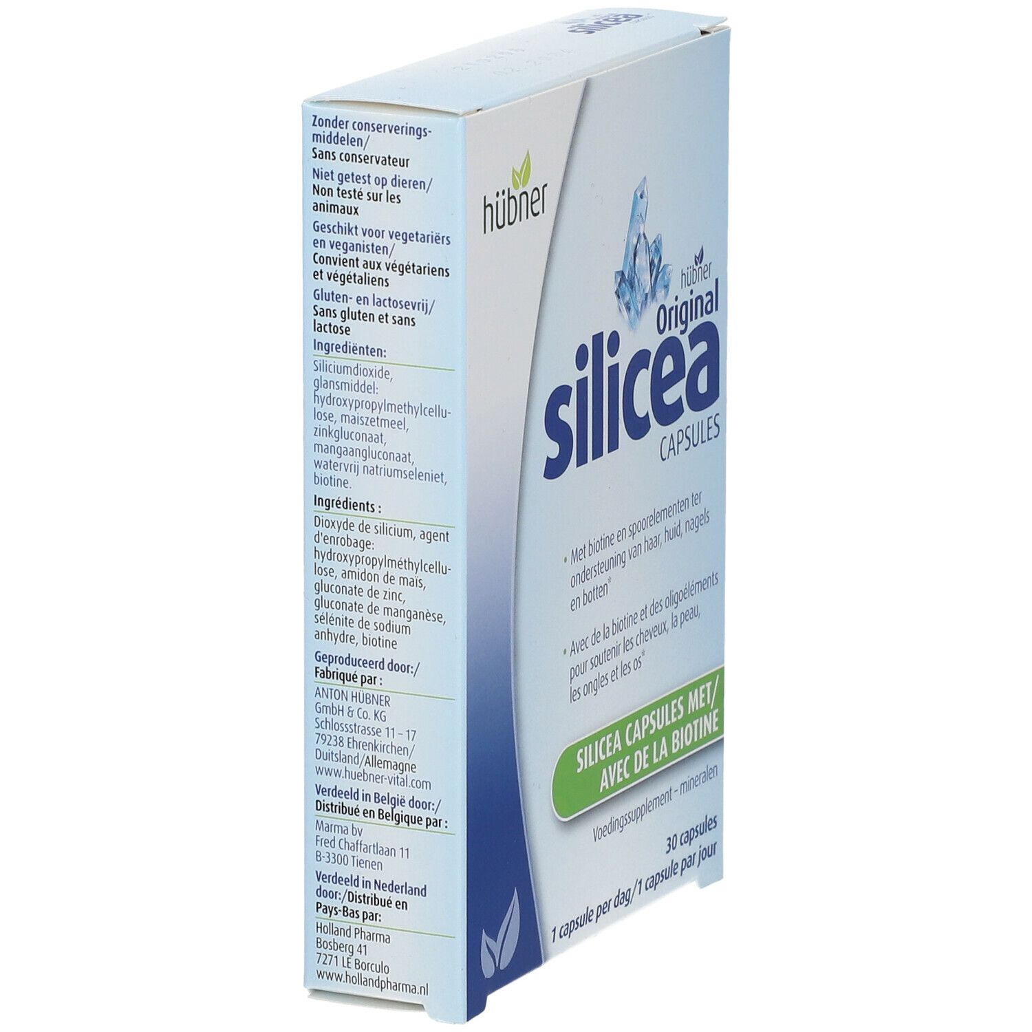 Seitenansicht der Verpackung von Hübner Original silicea® Kapseln. Enthält Informationen zu Inhaltsstoffen und Hersteller.