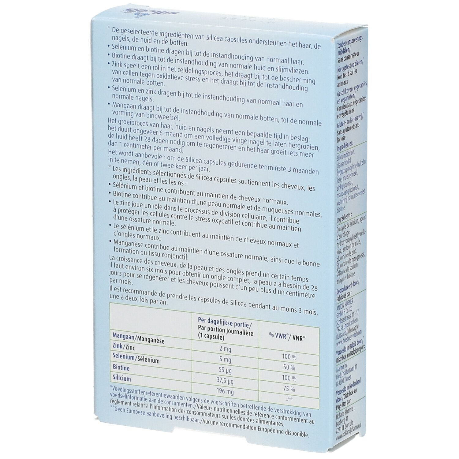 Rückseite der Verpackung von Hübner Original silicea® Kapseln. Enthält Informationen zu Inhaltsstoffen und Nährwerten.