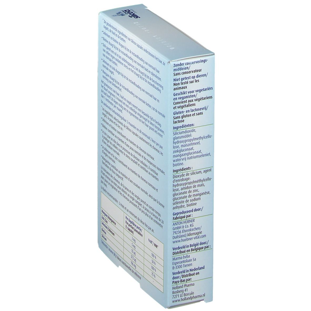 Schrägansicht der Verpackung von Hübner Original silicea® Kapseln. Enthält Informationen zu Inhaltsstoffen und Nährwerten.