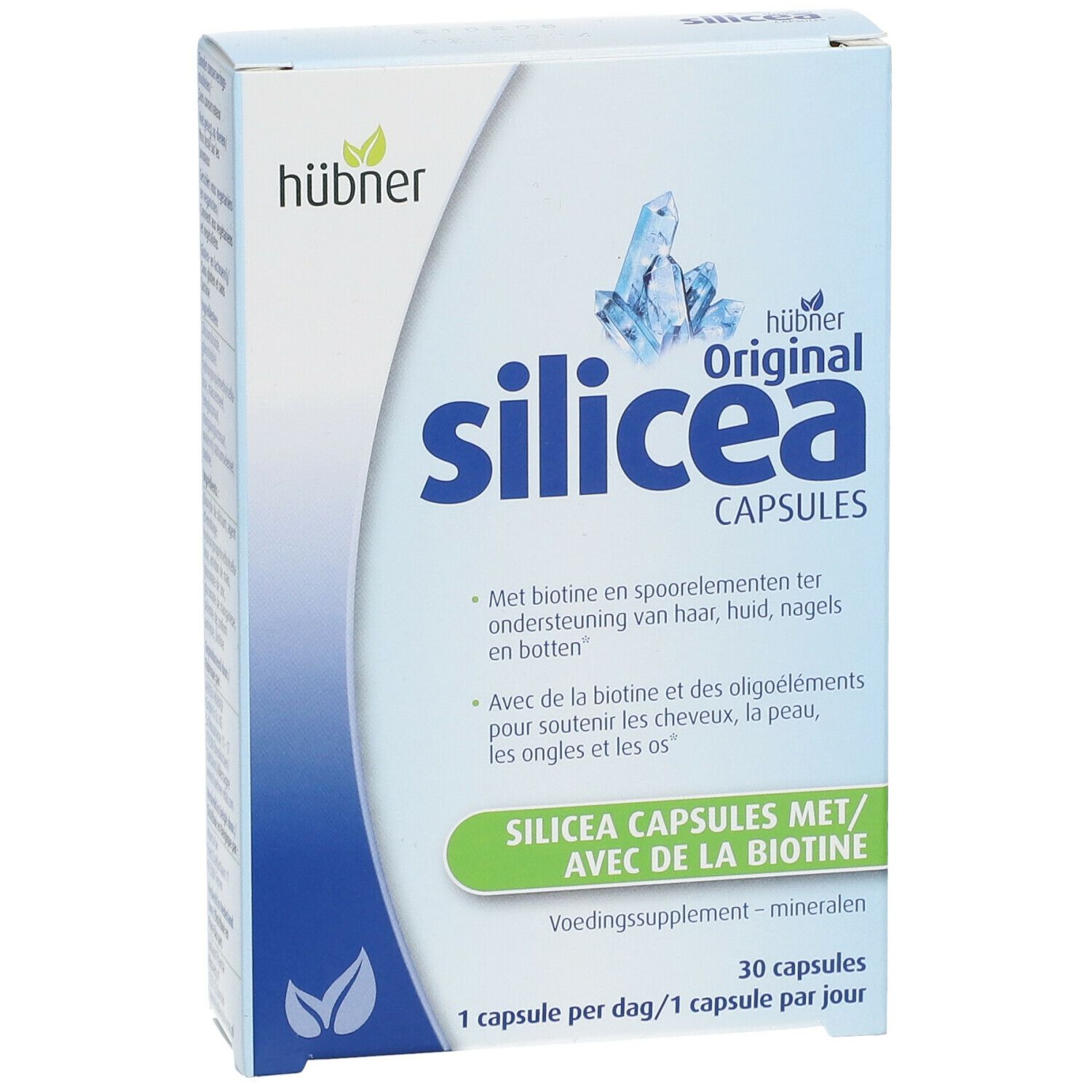 Verpackung von Hübner Original silicea® Kapseln. Blaue und weiße Schachtel mit Produktnamen und Logo. Enthält 30 Kapseln.