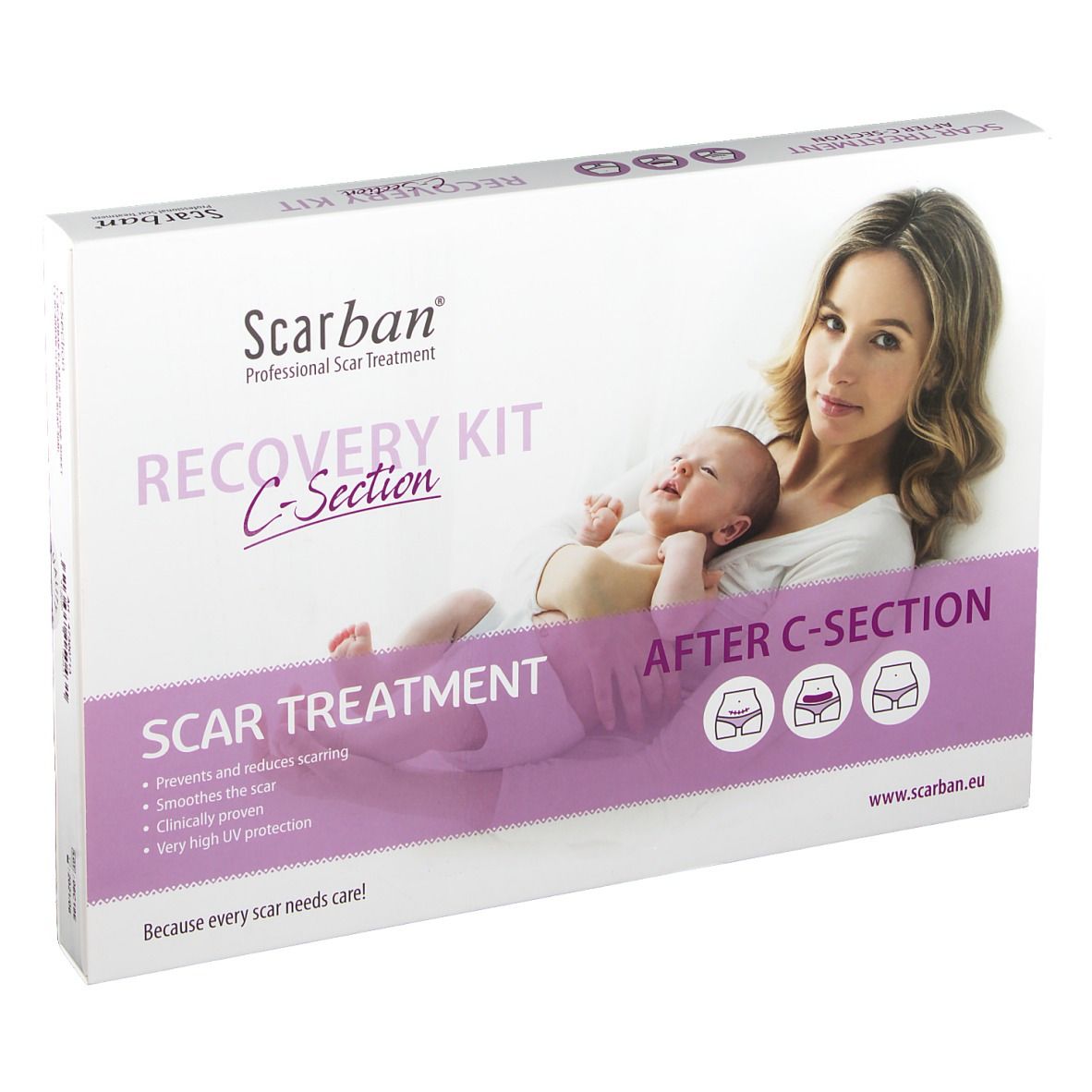 Verpackung mit Produktabbildung. Aufschrift: Scarban Recovery Kit C-Section. Narbenbehandlung nach Kaiserschnitt.
