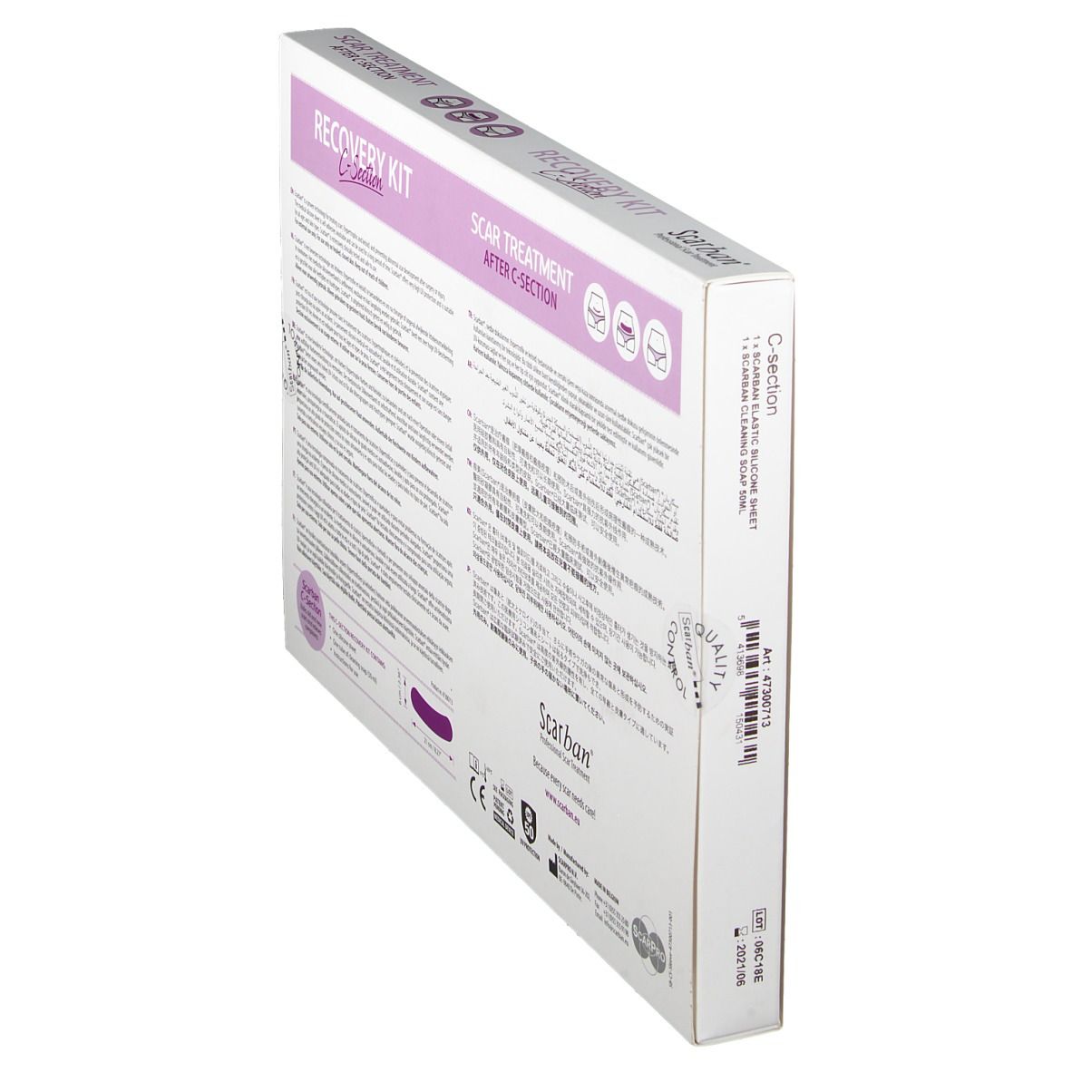 Schräg stehende Produktverpackung. Rückseite mit Text. Aufschrift: Scarban Recovery Kit C-Section. Narbenbehandlung.