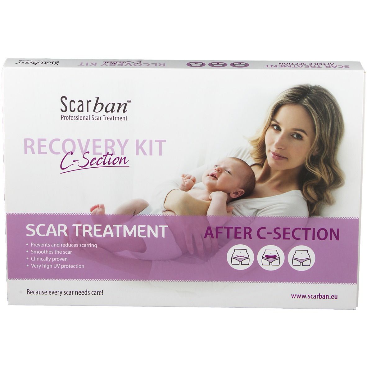 Produktverpackung. Aufschrift: Scarban Recovery Kit C-Section. Narbenbehandlung nach Kaiserschnitt. Bild von Frau und Baby.