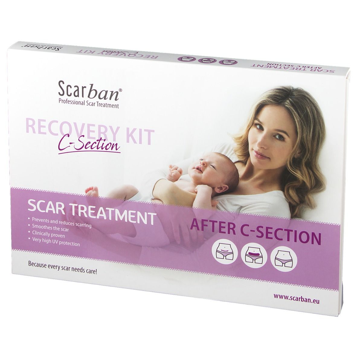 Produktverpackung. Aufschrift: Scarban Recovery Kit C-Section. Narbenbehandlung nach Kaiserschnitt. Bild von Frau und Baby.