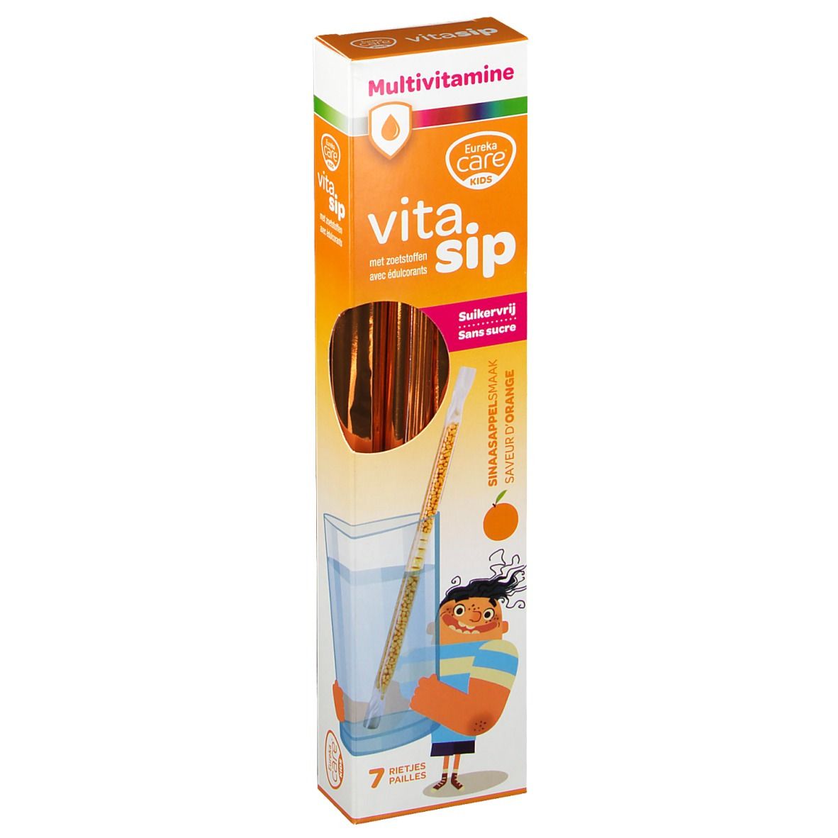 Emballage Eureka Care Vitasip Multivitamine Orange. Contient 7 pailles. Inscription : Multivitamine, sans sucre, goût orange.