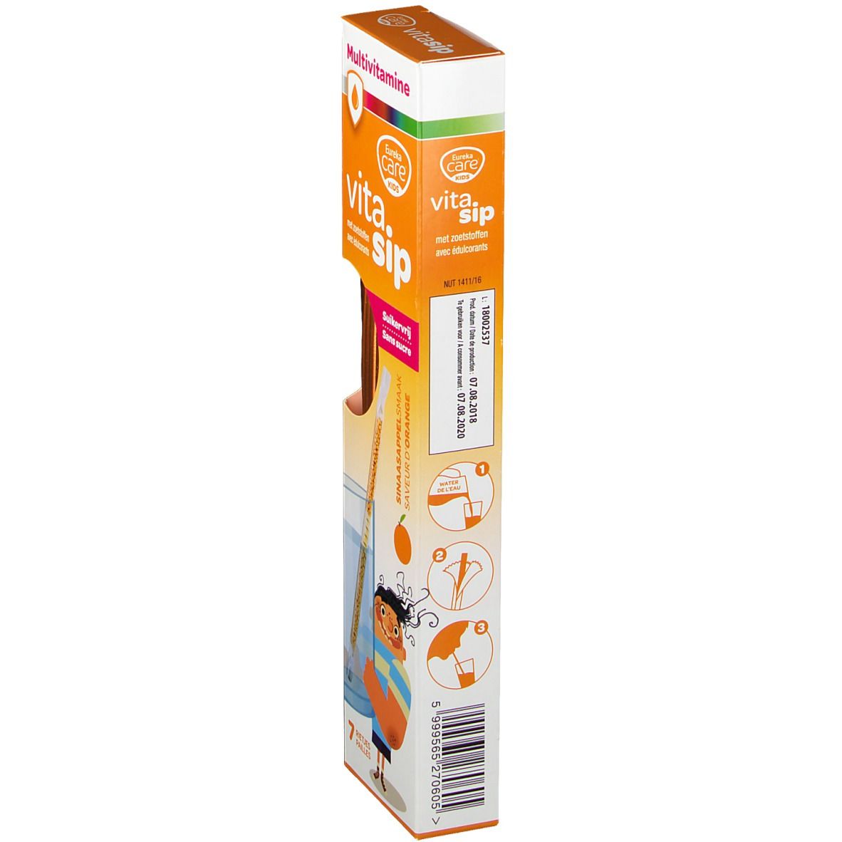 Vue latérale de l'emballage Eureka Care Vitasip. Contient 7 pailles. Inscription : Multivitamine, sans sucre, goût orange. Code-barres.