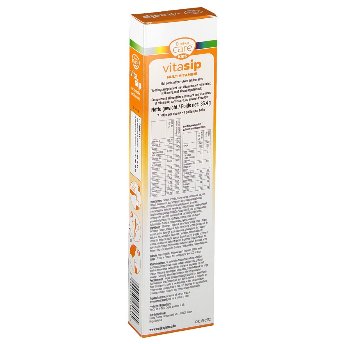 Dos de l'emballage Eureka Care Vitasip. Contient des informations nutritionnelles et des instructions. Inscription : Multivitamine.