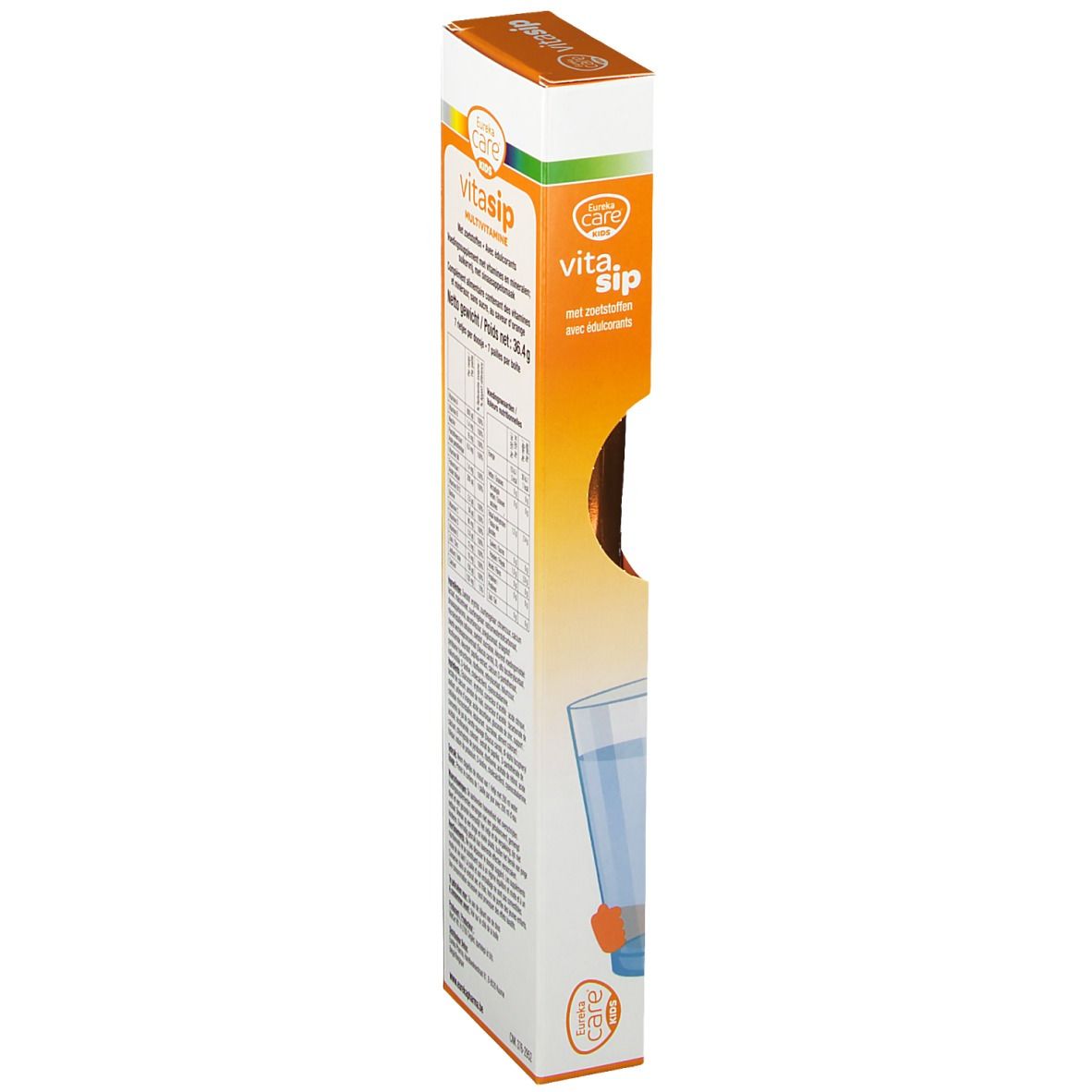 Vue latérale de l'emballage Eureka Care Vitasip. Contient des informations nutritionnelles. Inscription : Multivitamine.