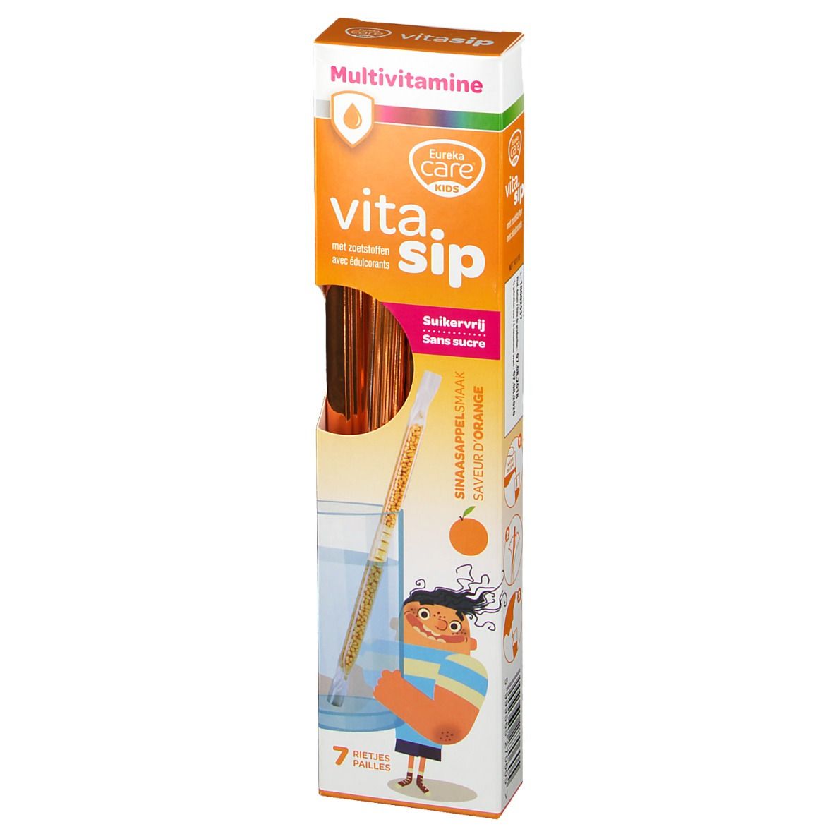 Emballage Eureka Care Vitasip Multivitamine Orange. Contient 7 pailles. Inscription : Multivitamine, sans sucre, goût orange.