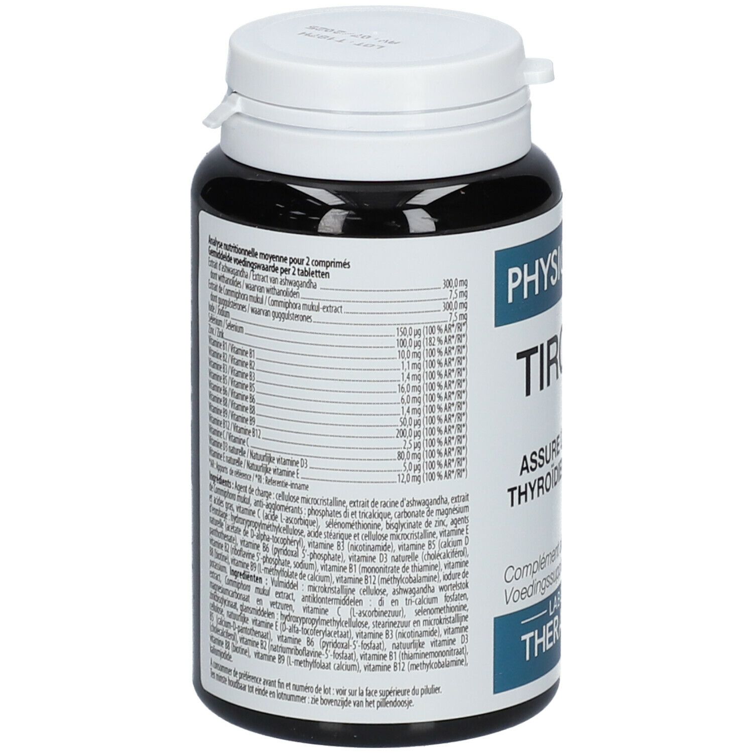 Dos du flacon noir. Contient des informations nutritionnelles et des ingrédients. Inscription: PHYSIOMANCE TIRONAT+.