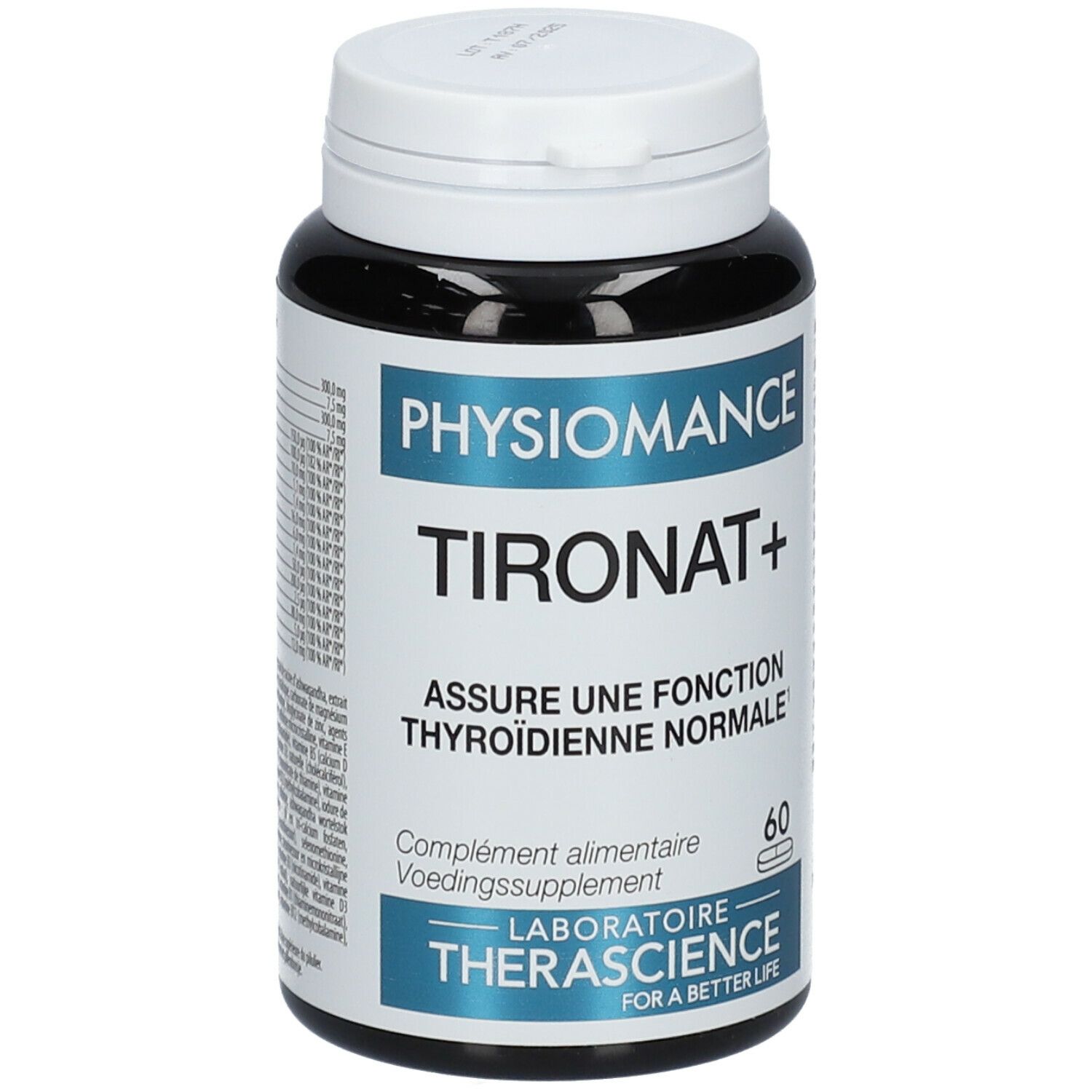 Flacon noir avec bouchon blanc. Inscription: PHYSIOMANCE TIRONAT+. Contient 60 comprimés. Laboratoire Therascience.