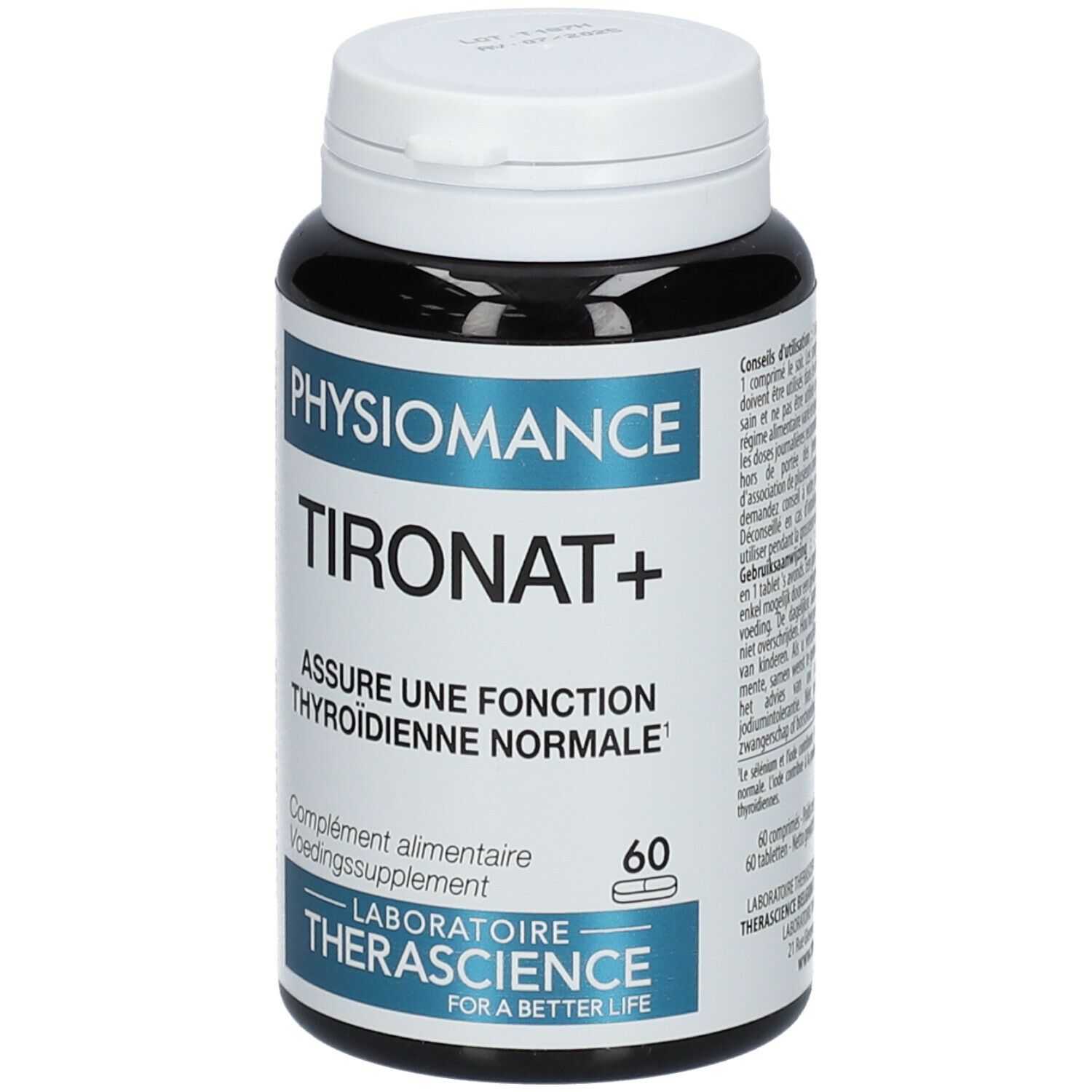 Flacon noir avec bouchon blanc. Inscription: PHYSIOMANCE TIRONAT+. Contient 60 comprimés. Laboratoire Therascience.