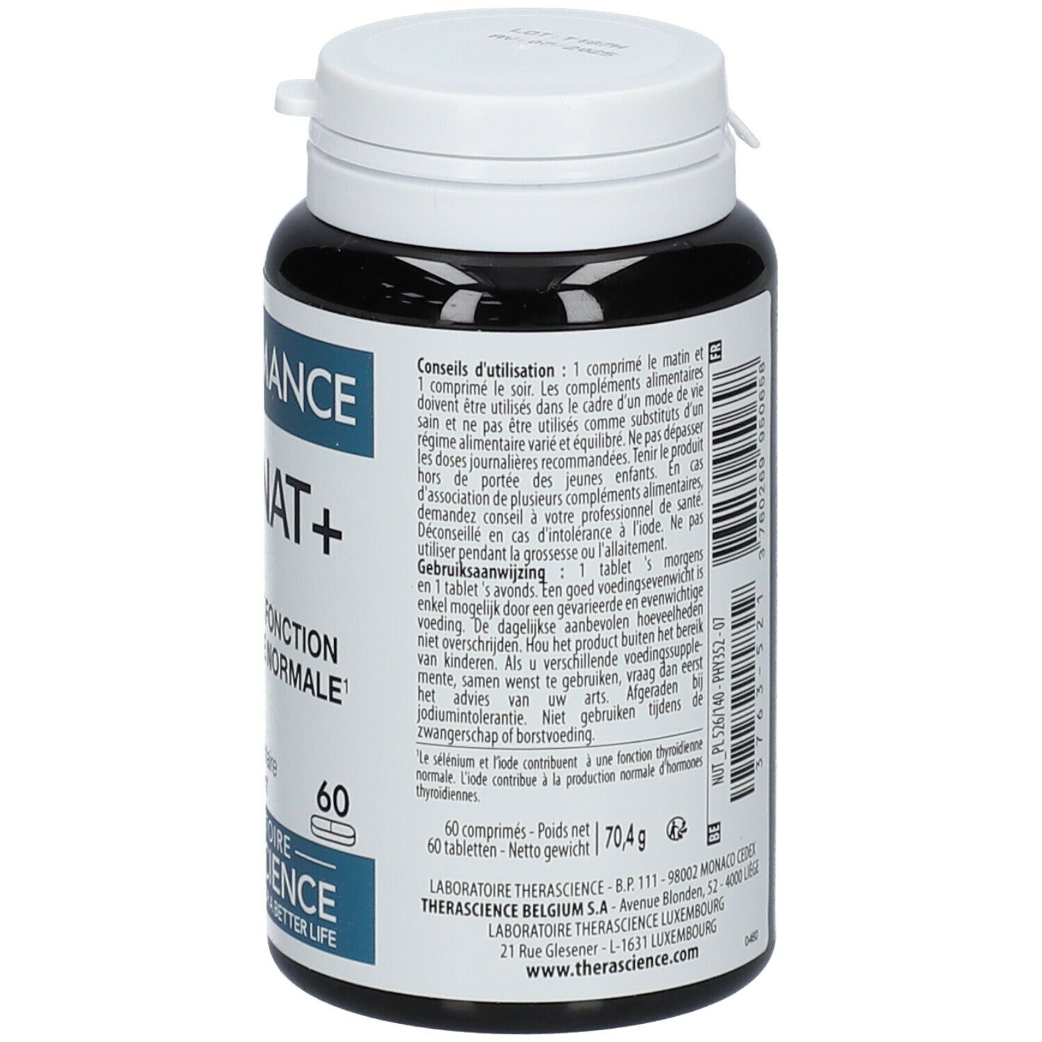 Flacon noir avec bouchon blanc. Inscription: PHYSIOMANCE TIRONAT+. Contient 60 comprimés. Laboratoire Therascience.