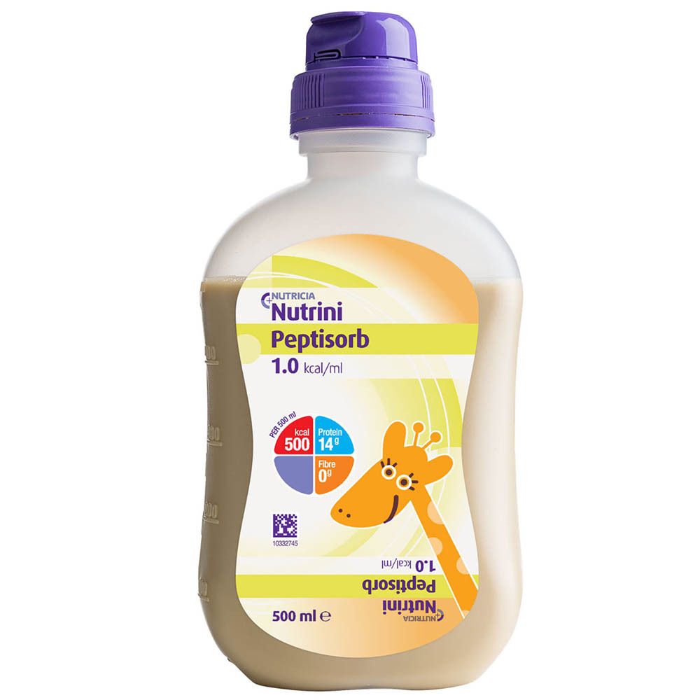 Bouteille Nutrini Peptisorb. Bouchon violet, liquide jaunâtre. Illustration de girafe. 500 ml.
