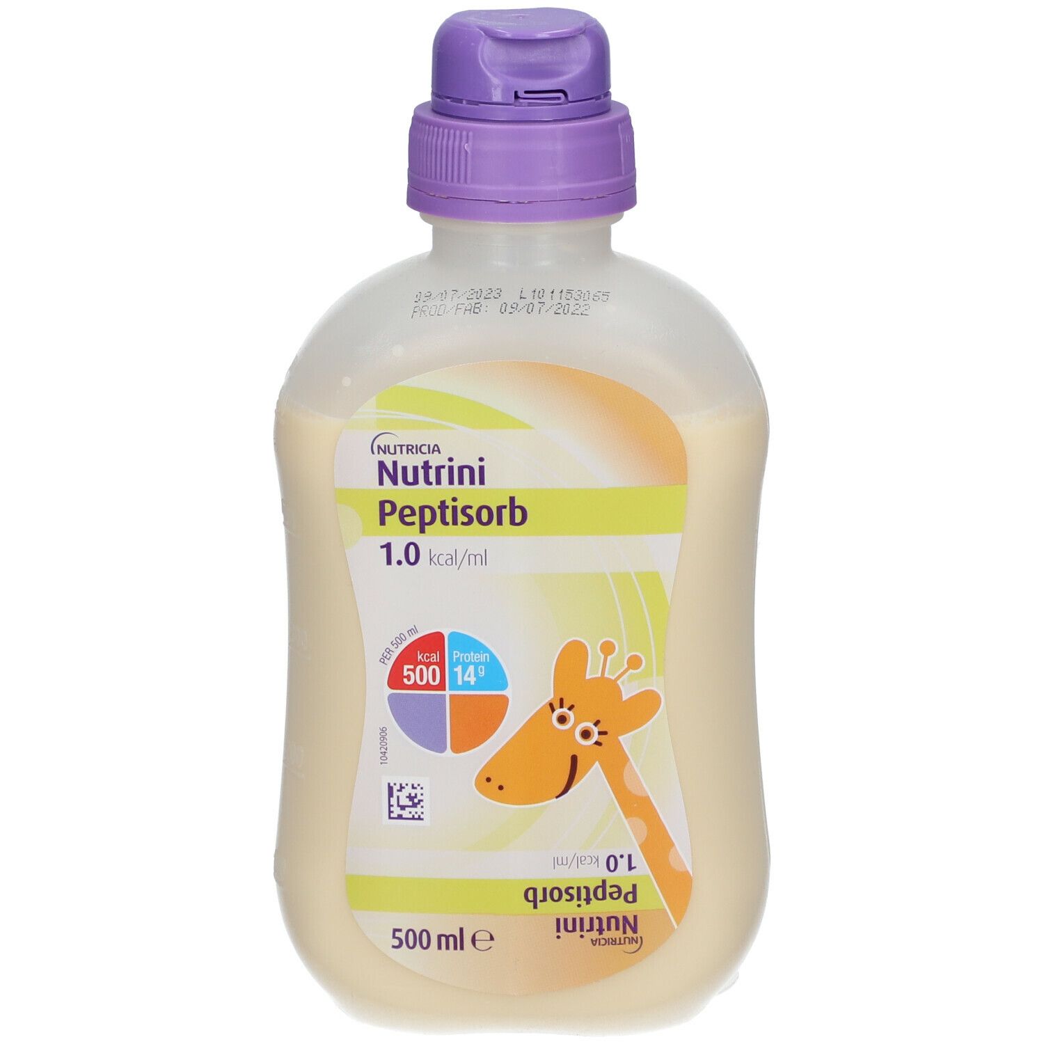 Bouteille de Nutrini Peptisorb. Bouchon violet, liquide jaunâtre. Illustration de girafe. 500 ml.