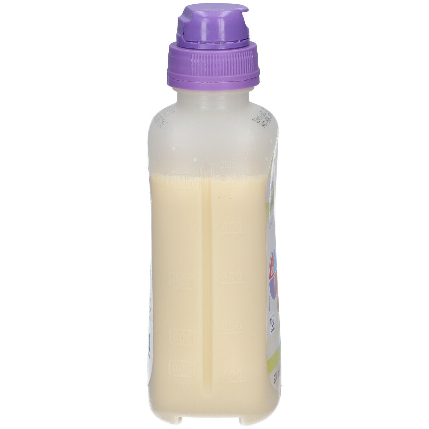 Bouteille Nutrini Peptisorb, vue latérale. Bouchon violet, liquide jaunâtre. Échelle.