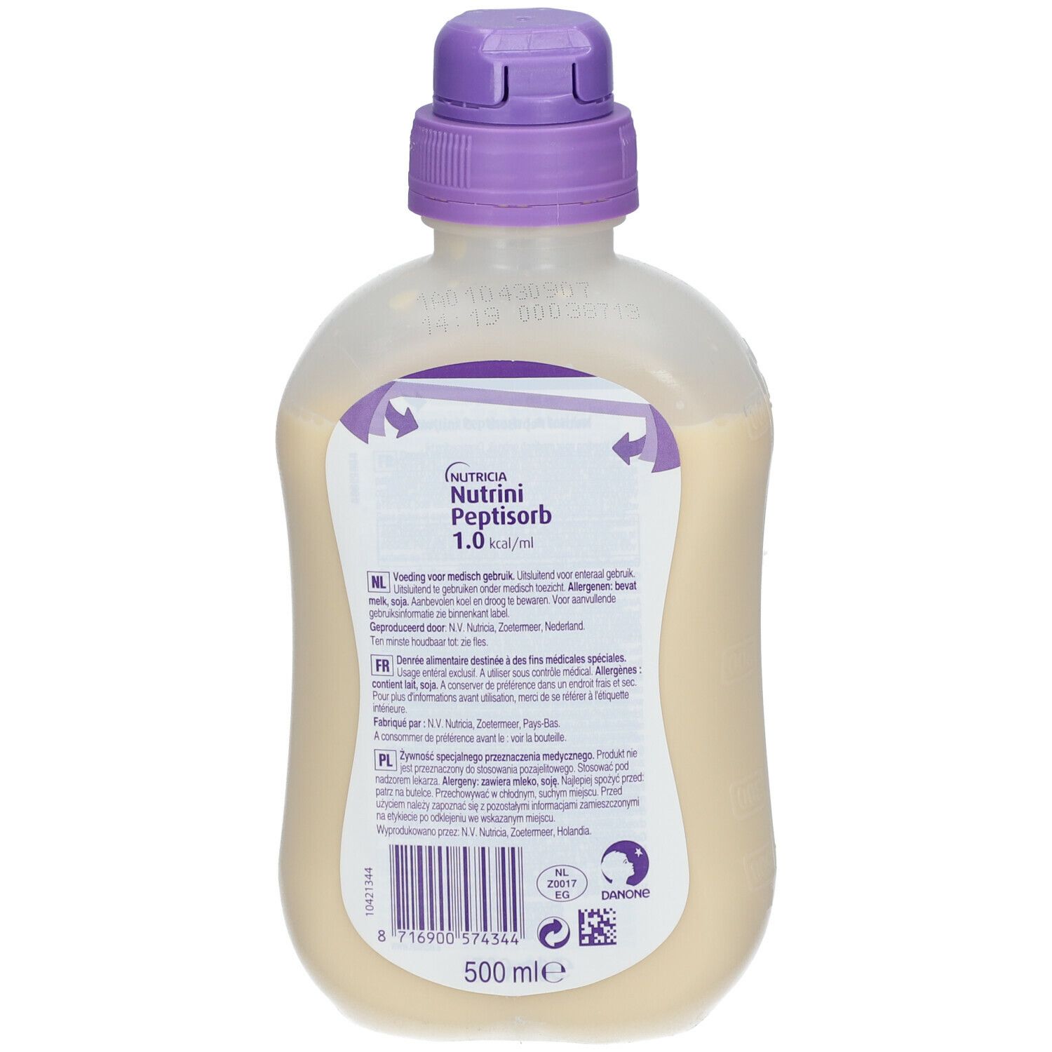 Dos de la bouteille Nutrini Peptisorb. Texte multilingue. Code-barres et logo.
