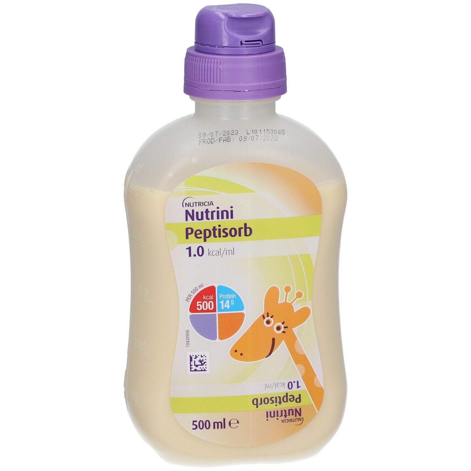 Bouteille Nutrini Peptisorb. Bouchon violet, liquide jaunâtre. Illustration de girafe. 500 ml.