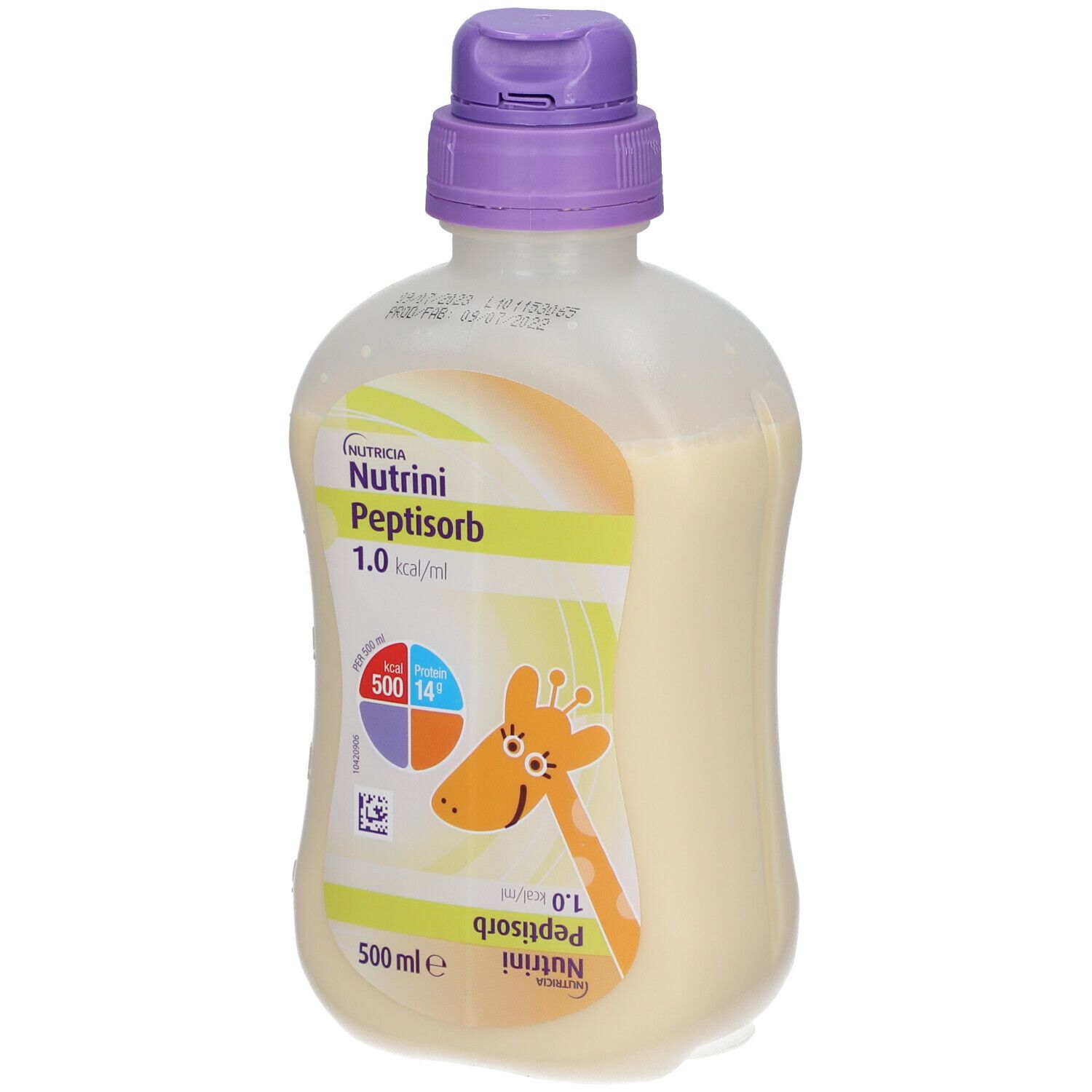 Bouteille Nutrini Peptisorb. Bouchon violet, liquide jaunâtre. Illustration de girafe. 500 ml.