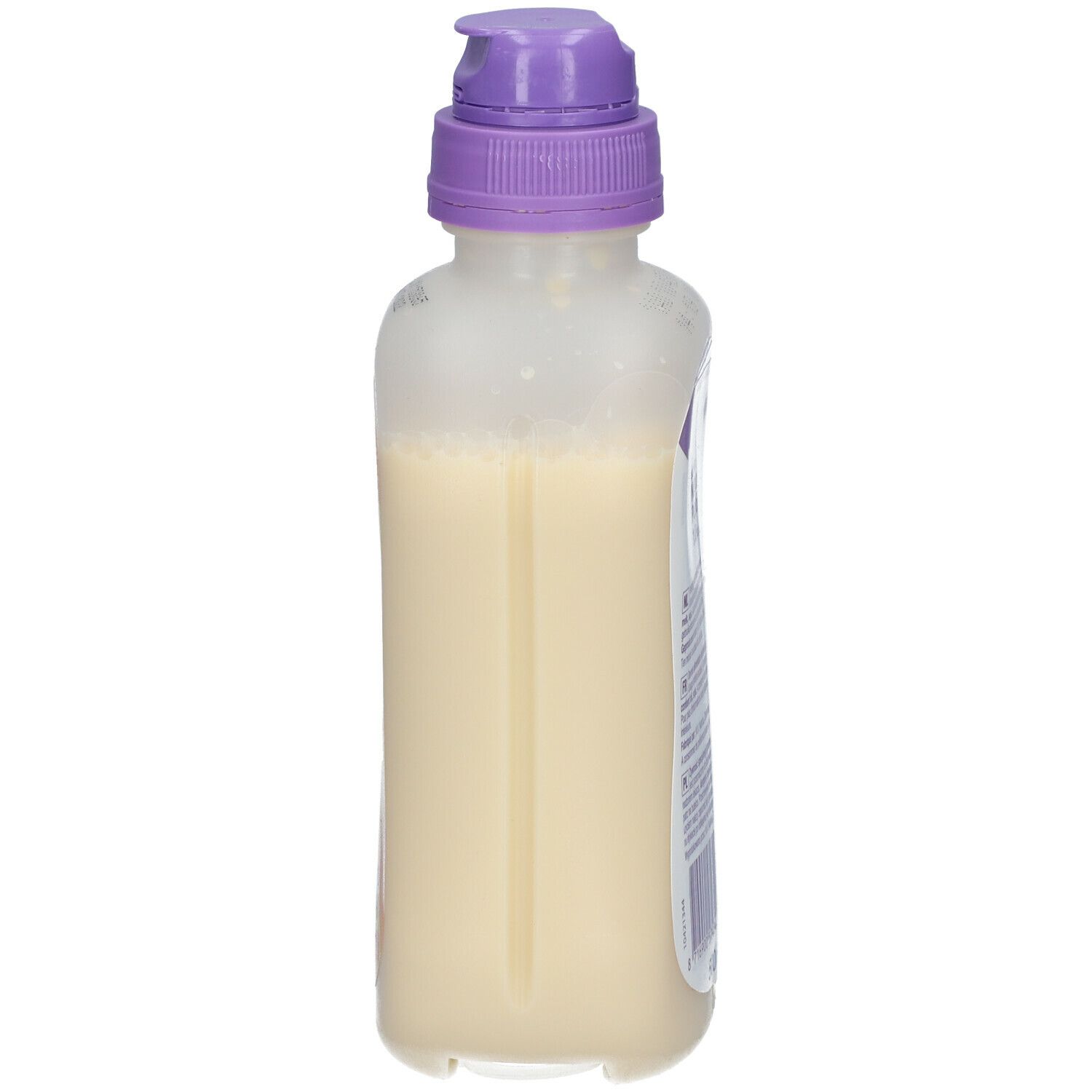 Bouteille Nutrini Peptisorb, vue latérale. Bouchon violet, liquide jaunâtre.