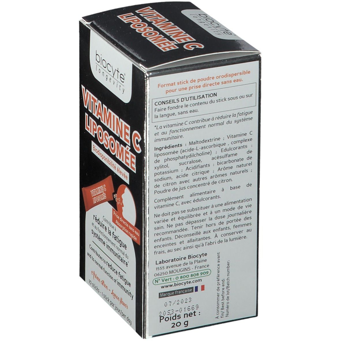 Rückseite der Biocyte Vitamin C Liposomée Schachtel. Enthält Informationen zu Inhaltsstoffen, Anwendung und Hersteller.