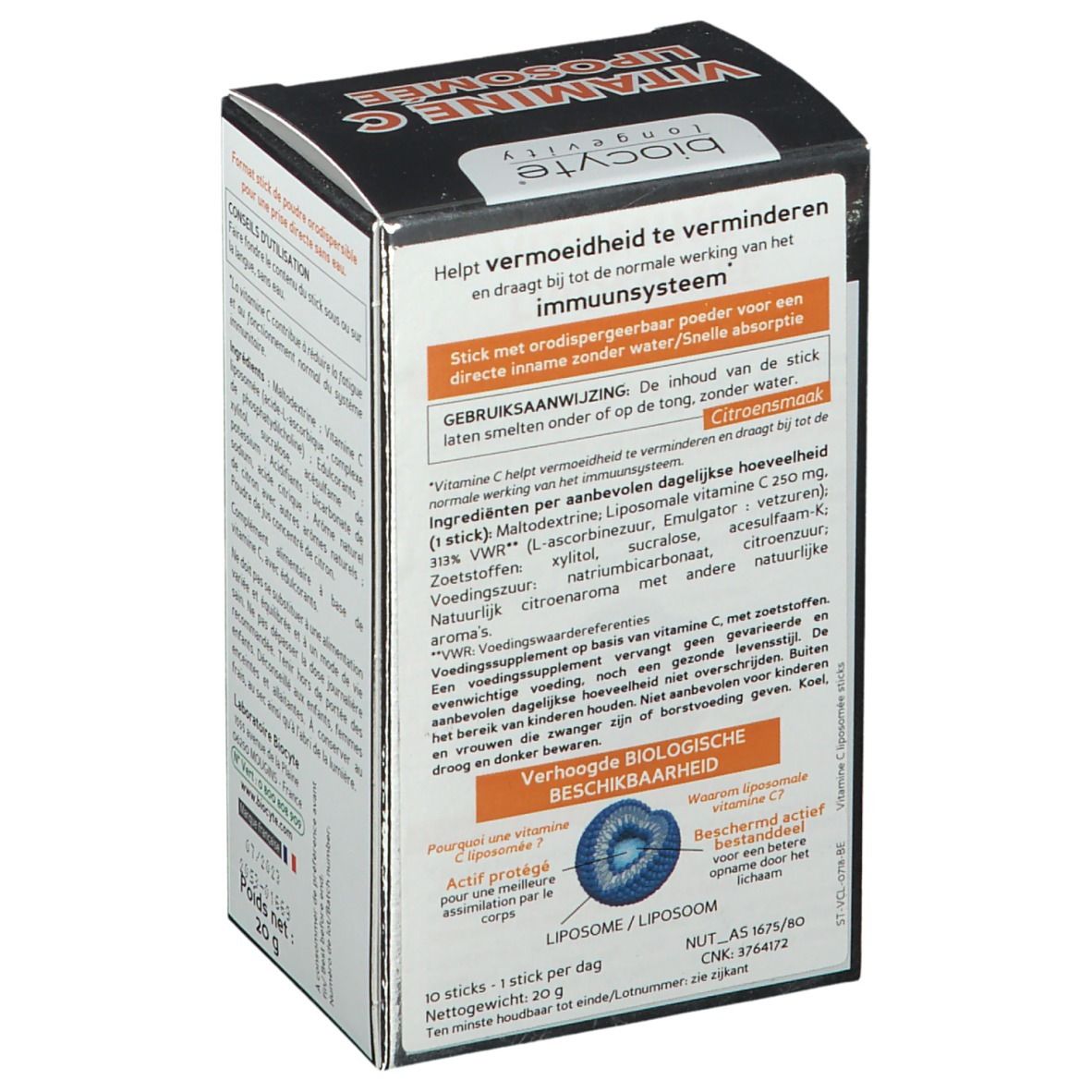 Seite der Biocyte Vitamin C Liposomée Schachtel. Enthält Informationen zur Anwendung und Inhaltsstoffe in Niederländisch.