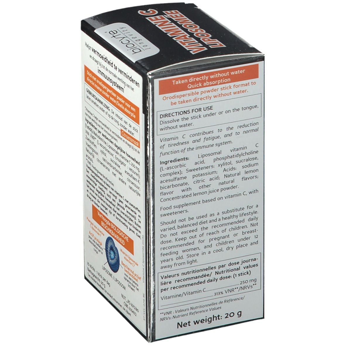 Seite der Biocyte Vitamin C Liposomée Schachtel. Enthält Informationen zur Anwendung und Inhaltsstoffe in Englisch.